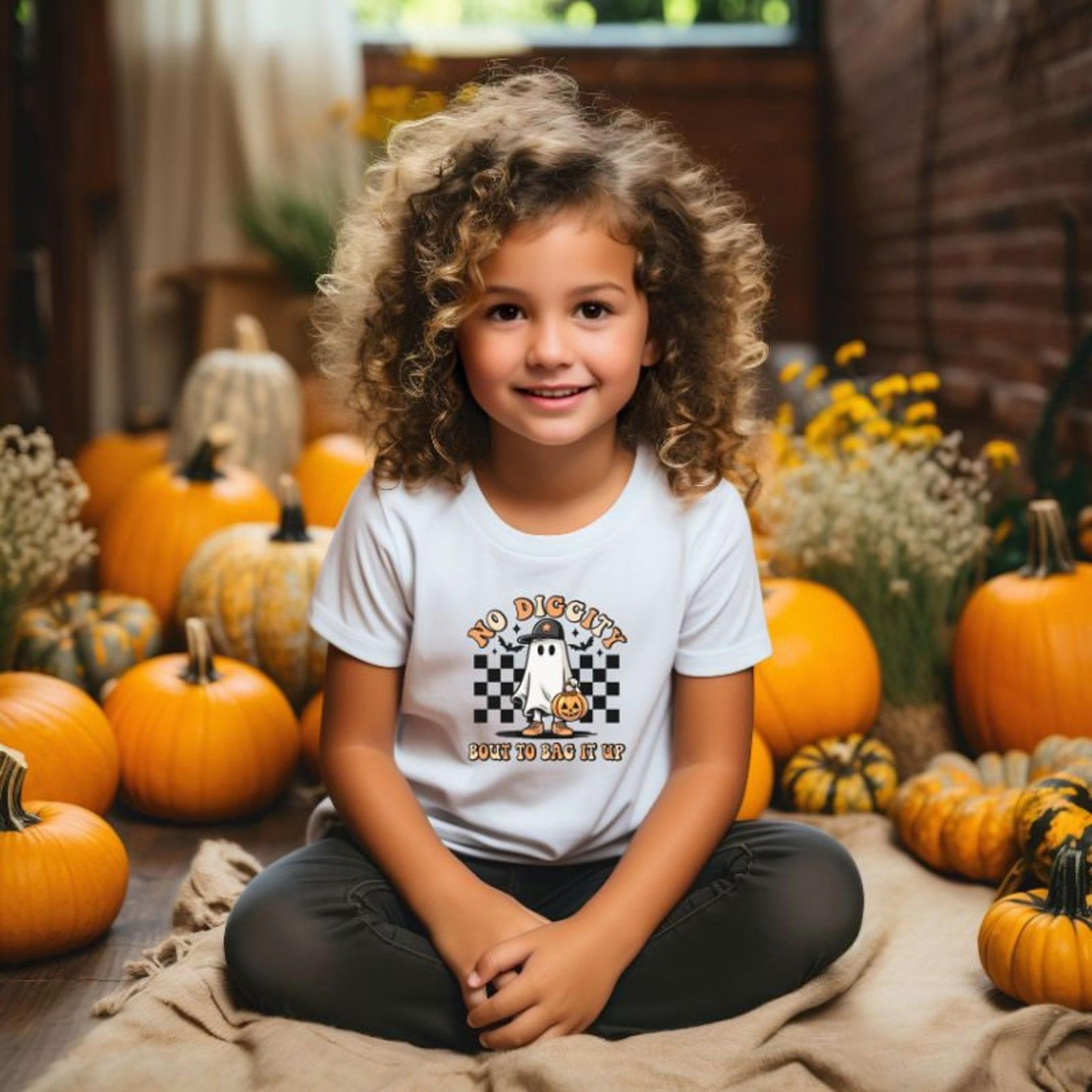 no diggity bout to bag it up kids halloween t-shirt, funny ghost pumpkin toddler tee, trick or treat spooky kids shirt