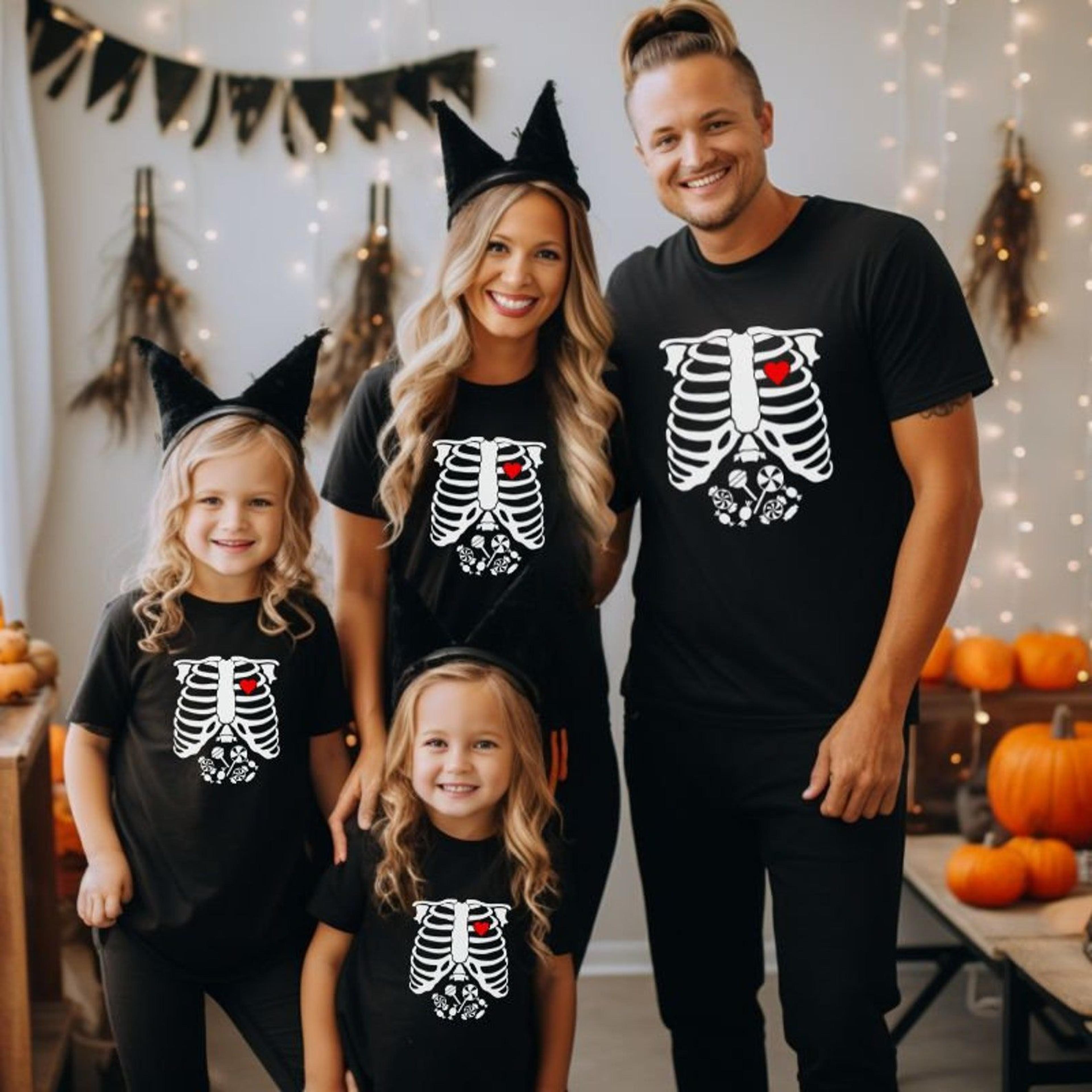 matching skeleton candy family halloween shirts, mom dad kids spooky t-shirts, trick or treat group halloween outfit