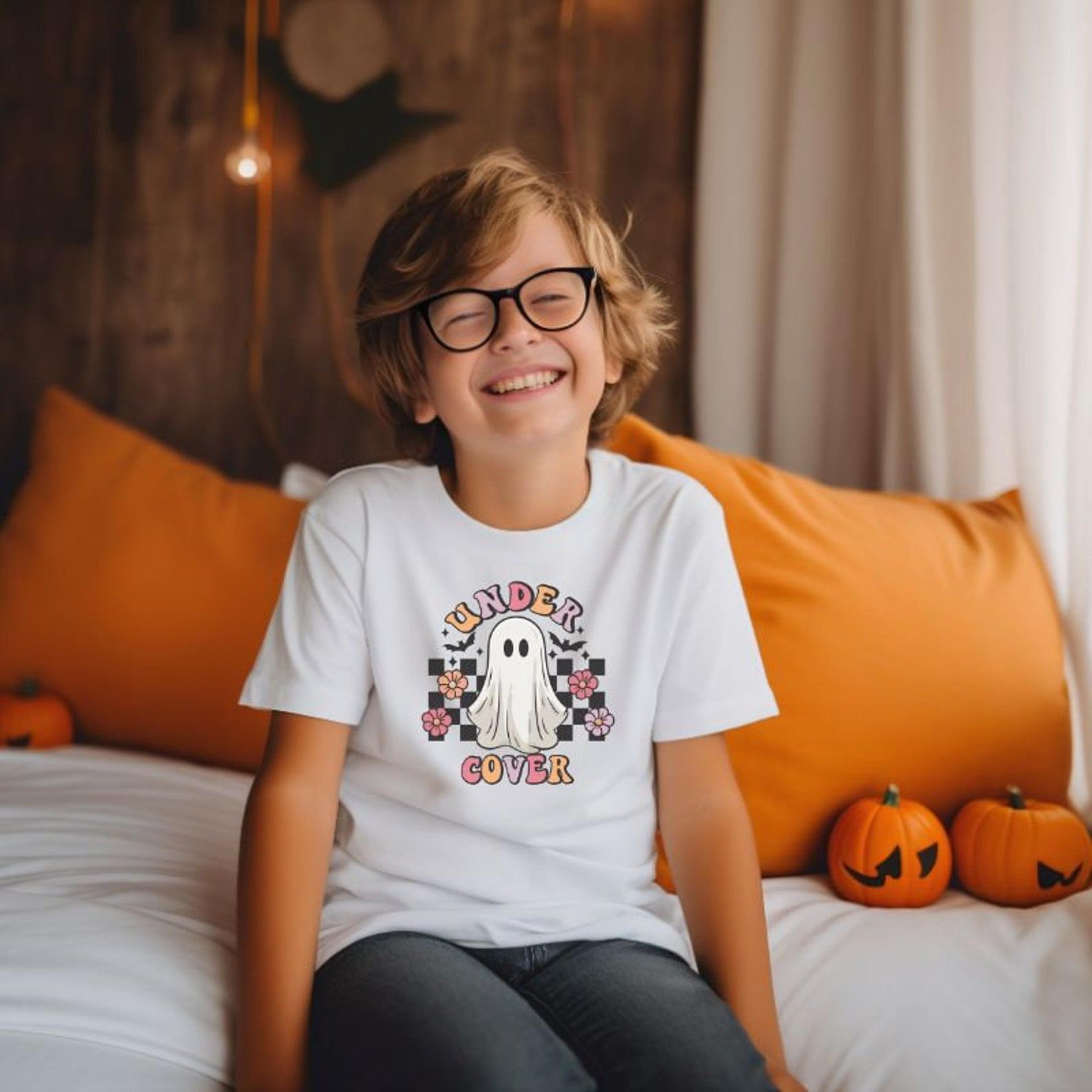 kids halloween shirt, cute spooky season tee, trick or treat kids t-shirt, pumpkin patch halloween party fall outfit gif