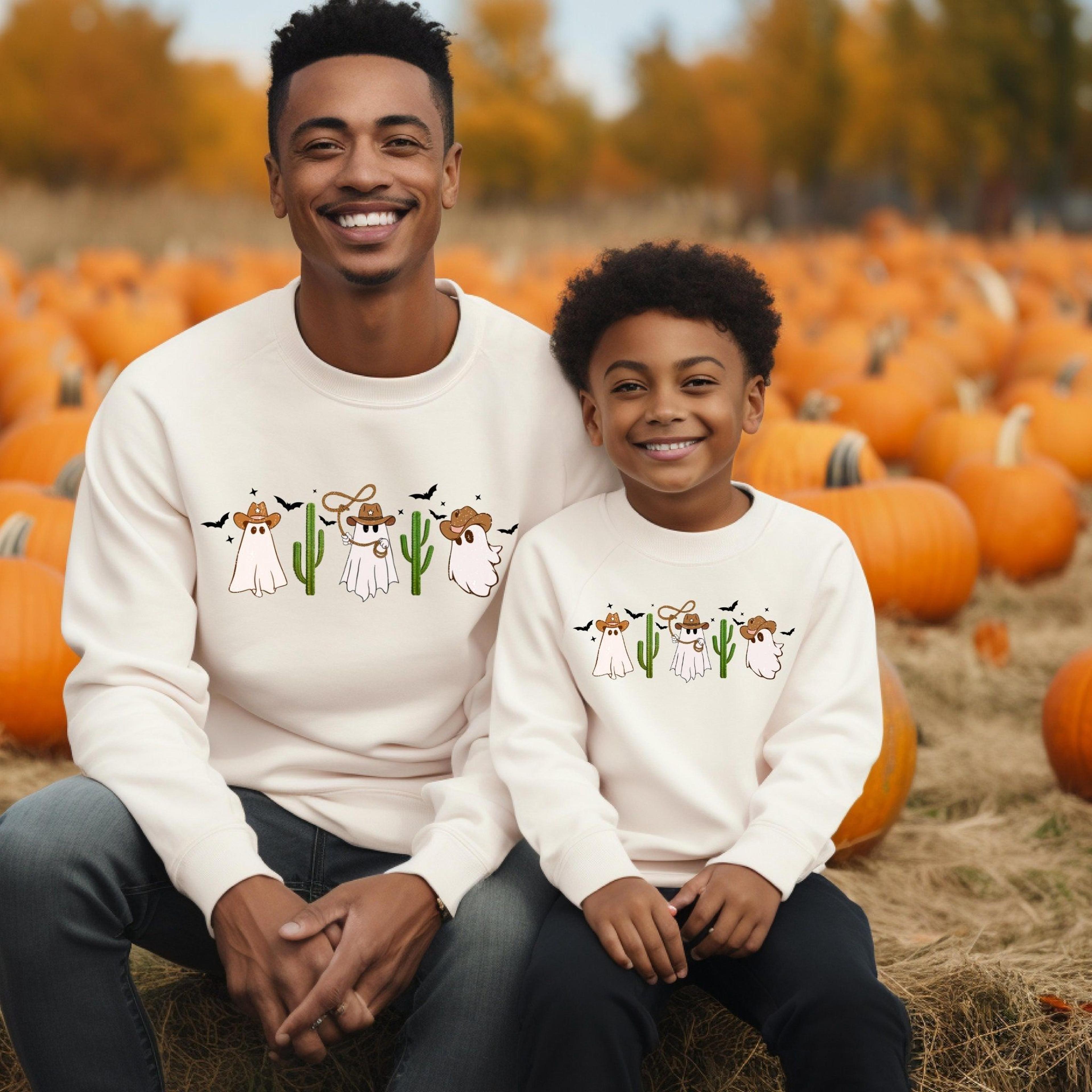 daddy & me halloween sweatshirts, matching dad kids spooky sweaters, father son daughter pumpkin patch trick or treat ou