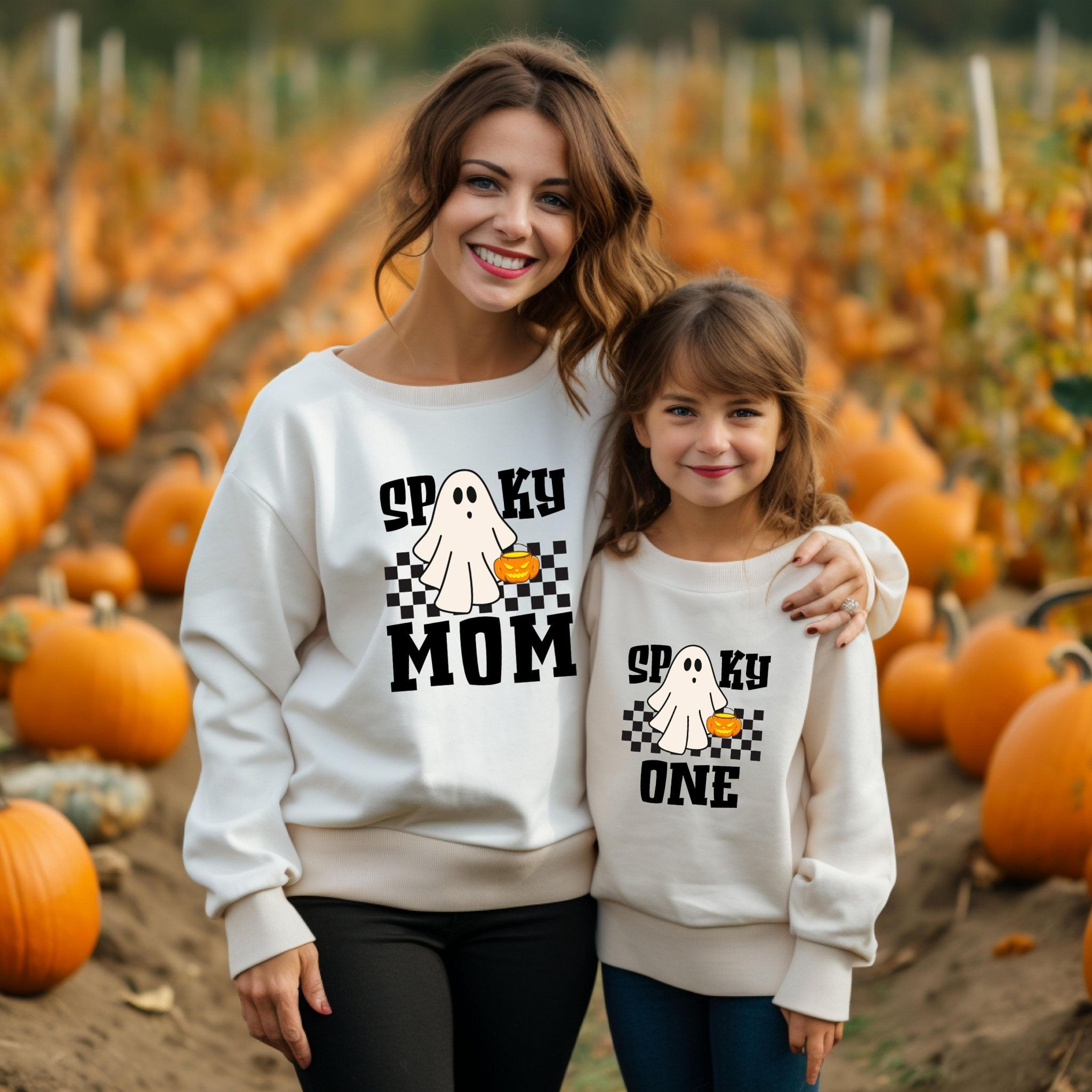 mommy & me halloween sweatshirts, matching mama mini spooky sweaters, mom kids pumpkin patch trick or treat family outfi