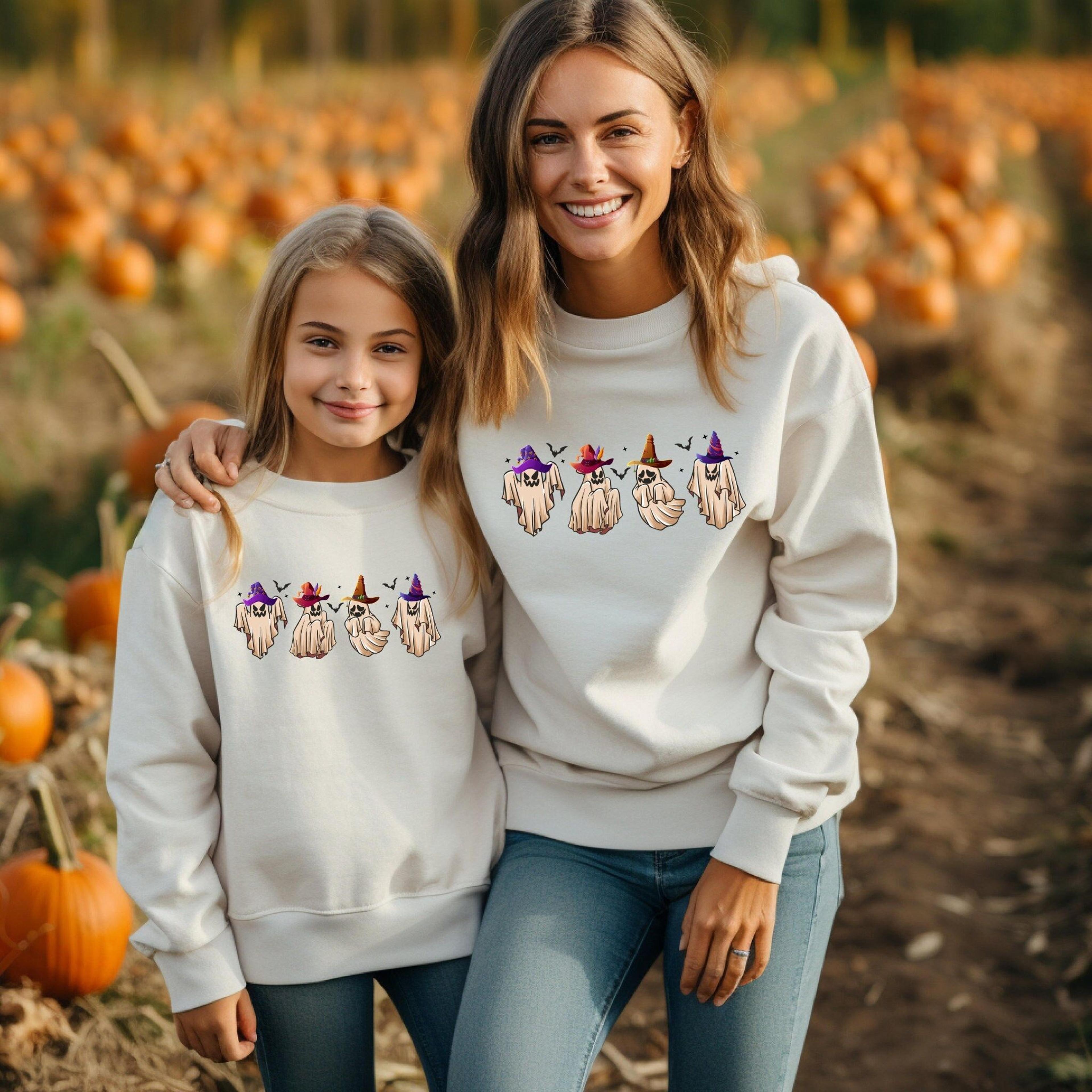 mommy & me halloween sweatshirts, matching mama mini spooky sweaters, mom kids trick or treat pumpkin patch family outfi