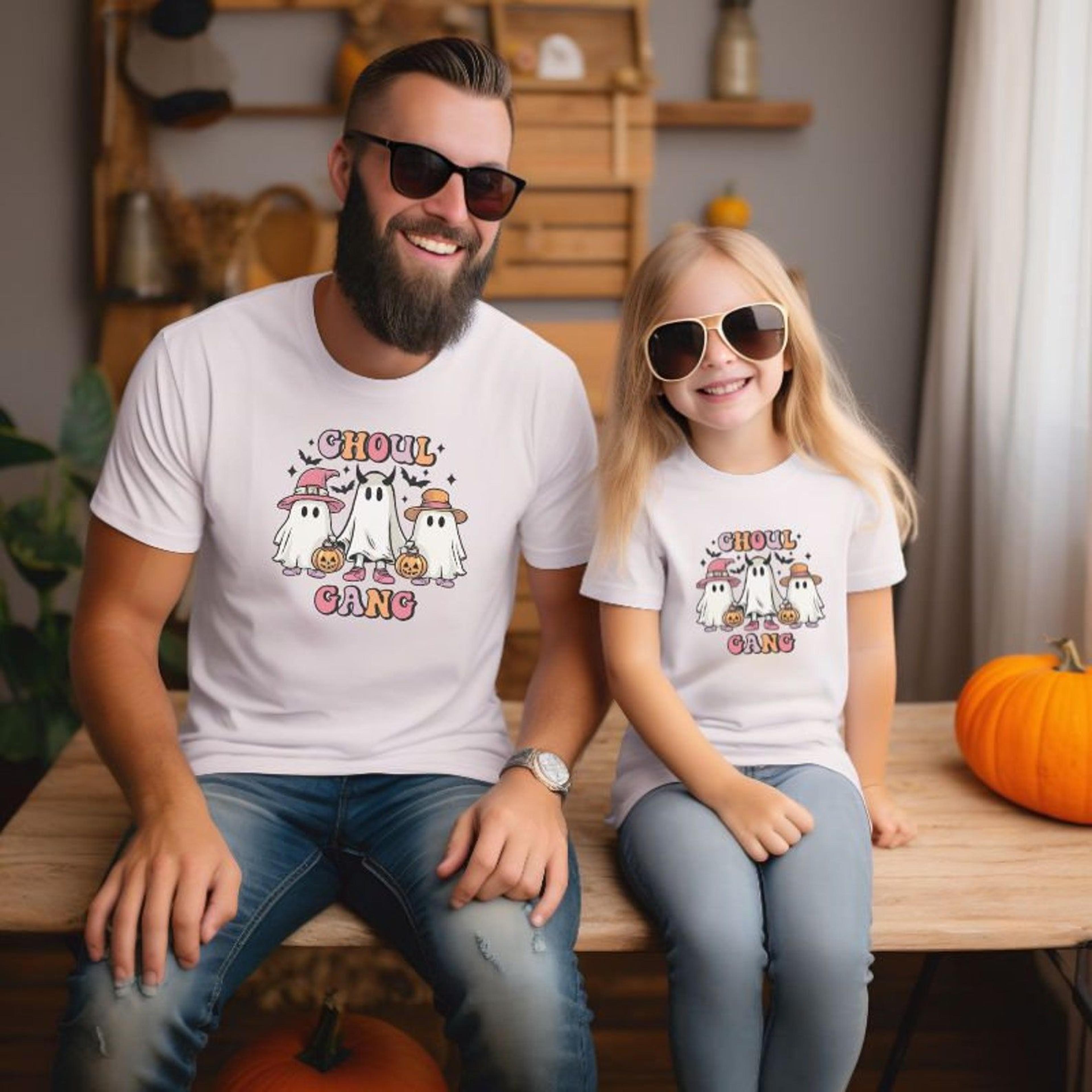 dad & little boo halloween shirts, father kids matching spooky tees, pumpkin patch trick or treat outfit, halloween dad