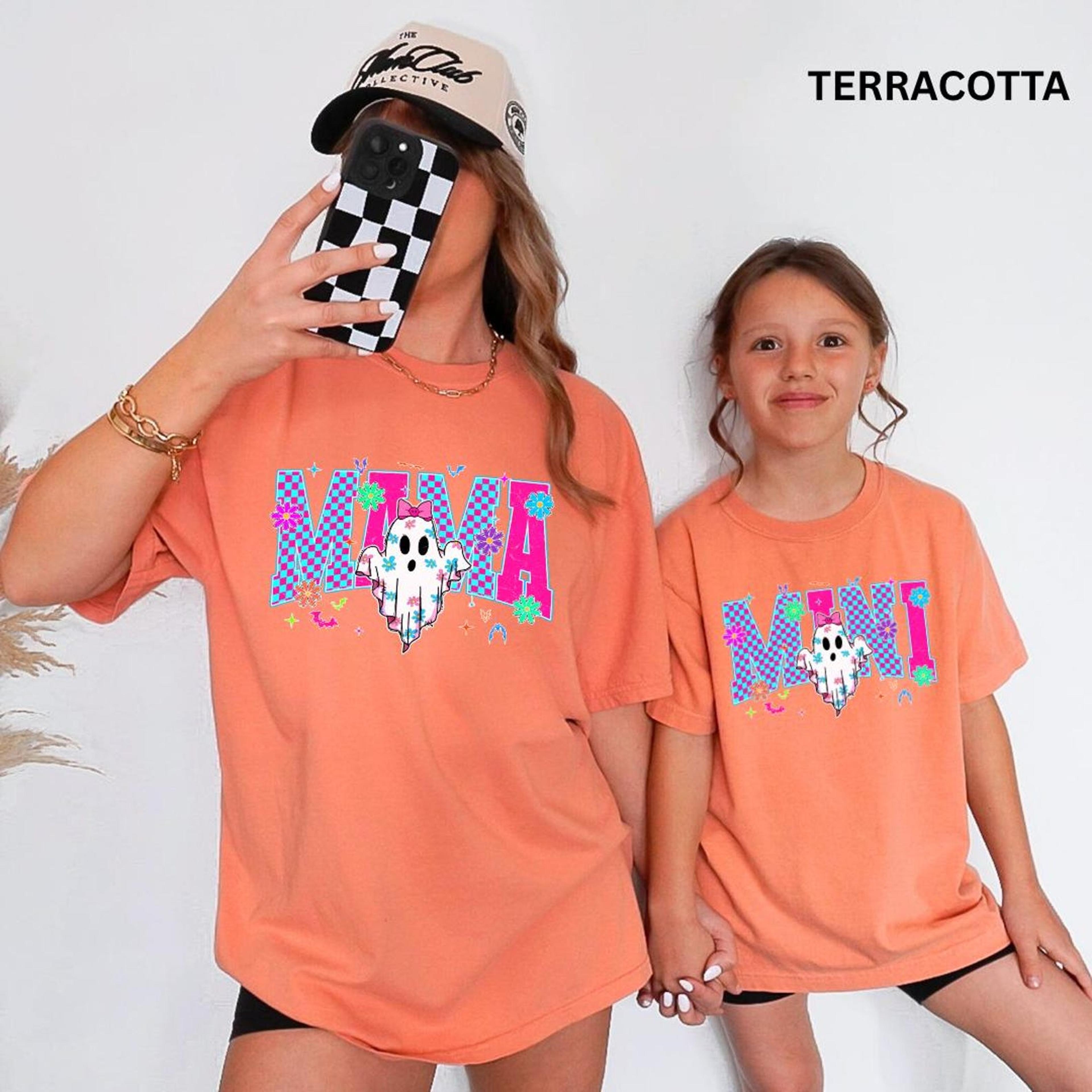 comfort colors mama mini ghost shirts, mommy & me halloween tees, mother kids spooky fall outfit, pumpkin patch gift