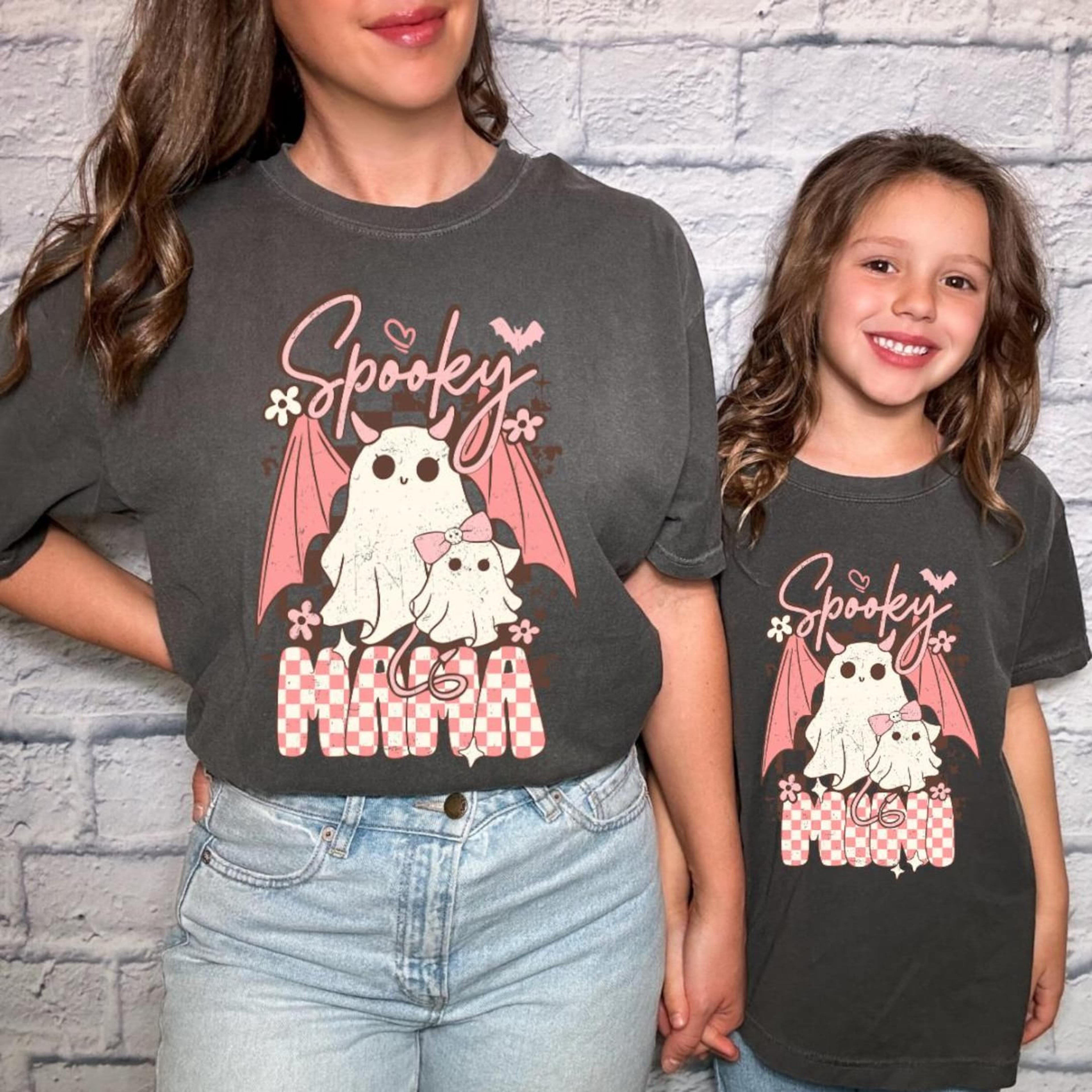retro halloween mom & mini shirts, comfort colors matching family tees, mother daughter son spooky october ghost outfit