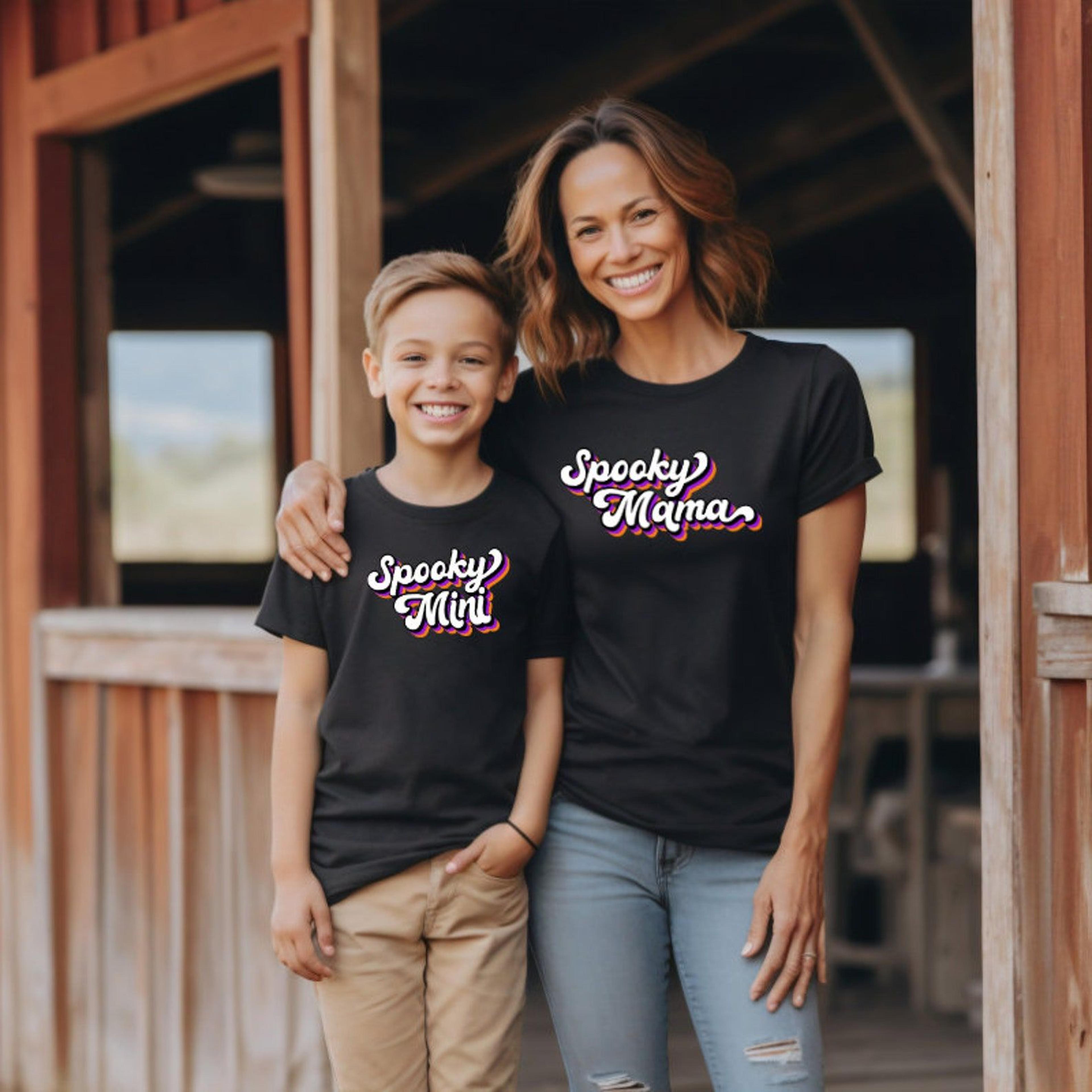 matching halloween tees for mama & minis, spooky mom kids shirts, mother daughter son october outfit, trick or treat gif