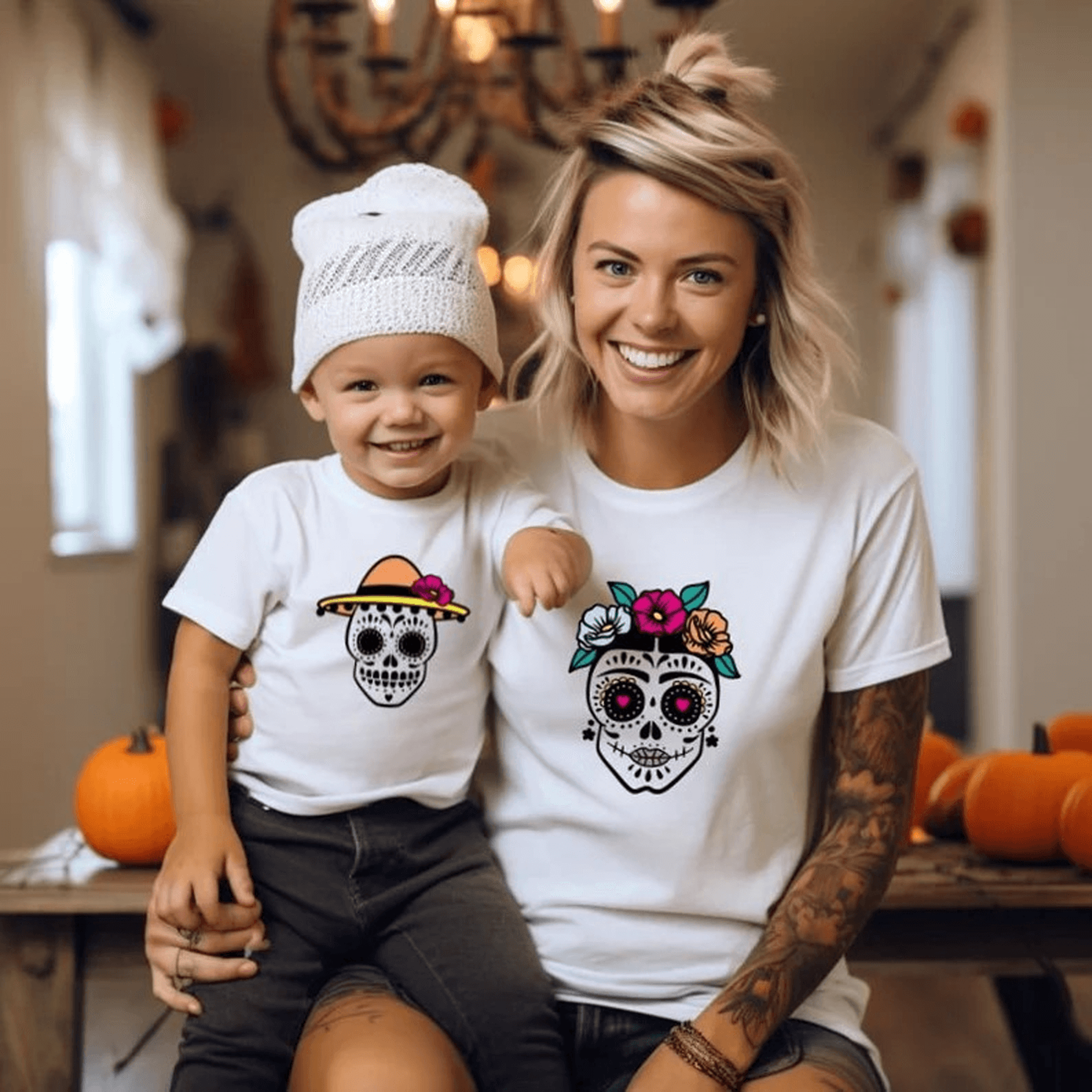 mommy & me halloween shirts, matching family sugar skull tees, mama mini halloween outfit, spooky party gift