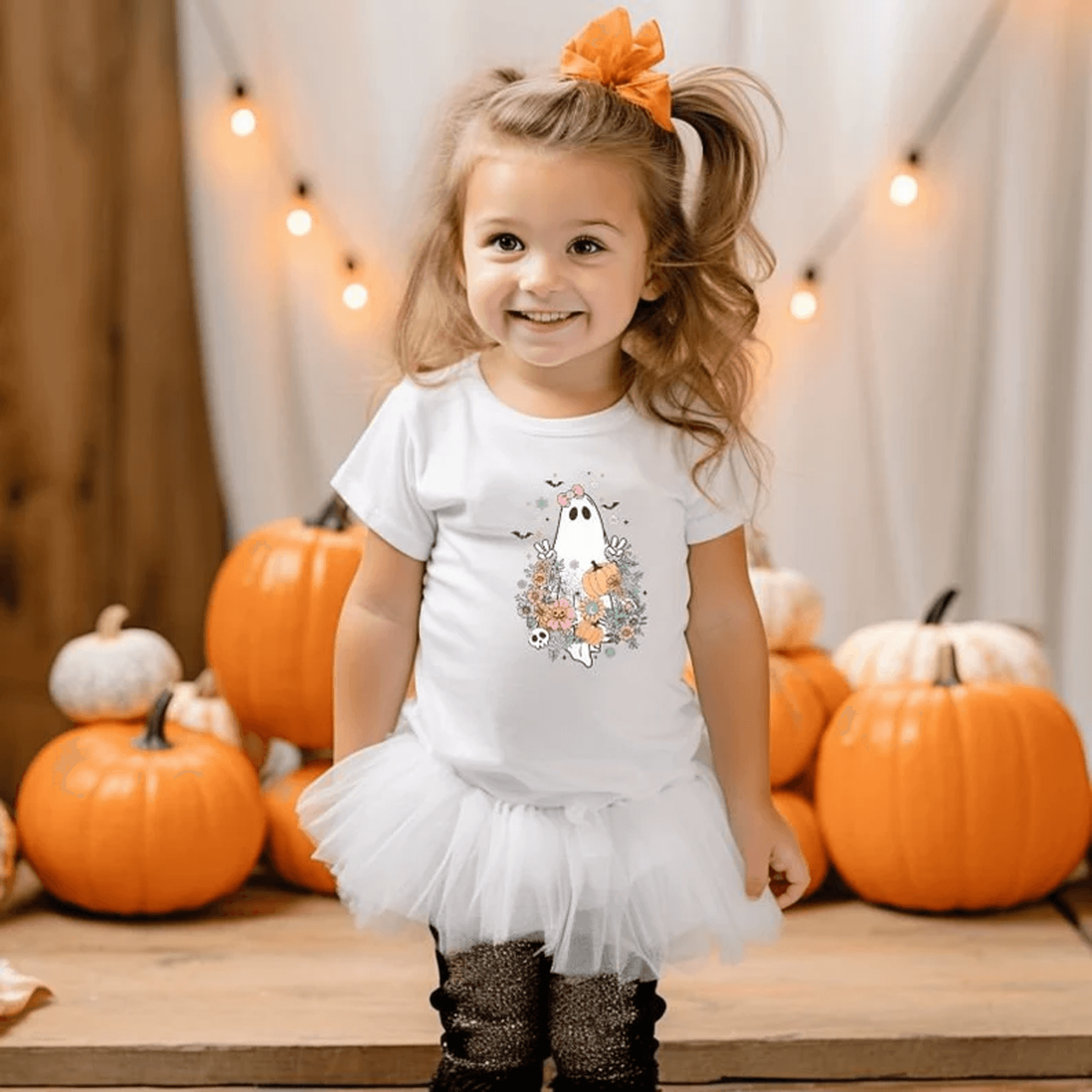 cute ghost kids halloween shirt, pink bow flower ghoul tee, spooky toddler girl shirt, trick or treat halloween outfit