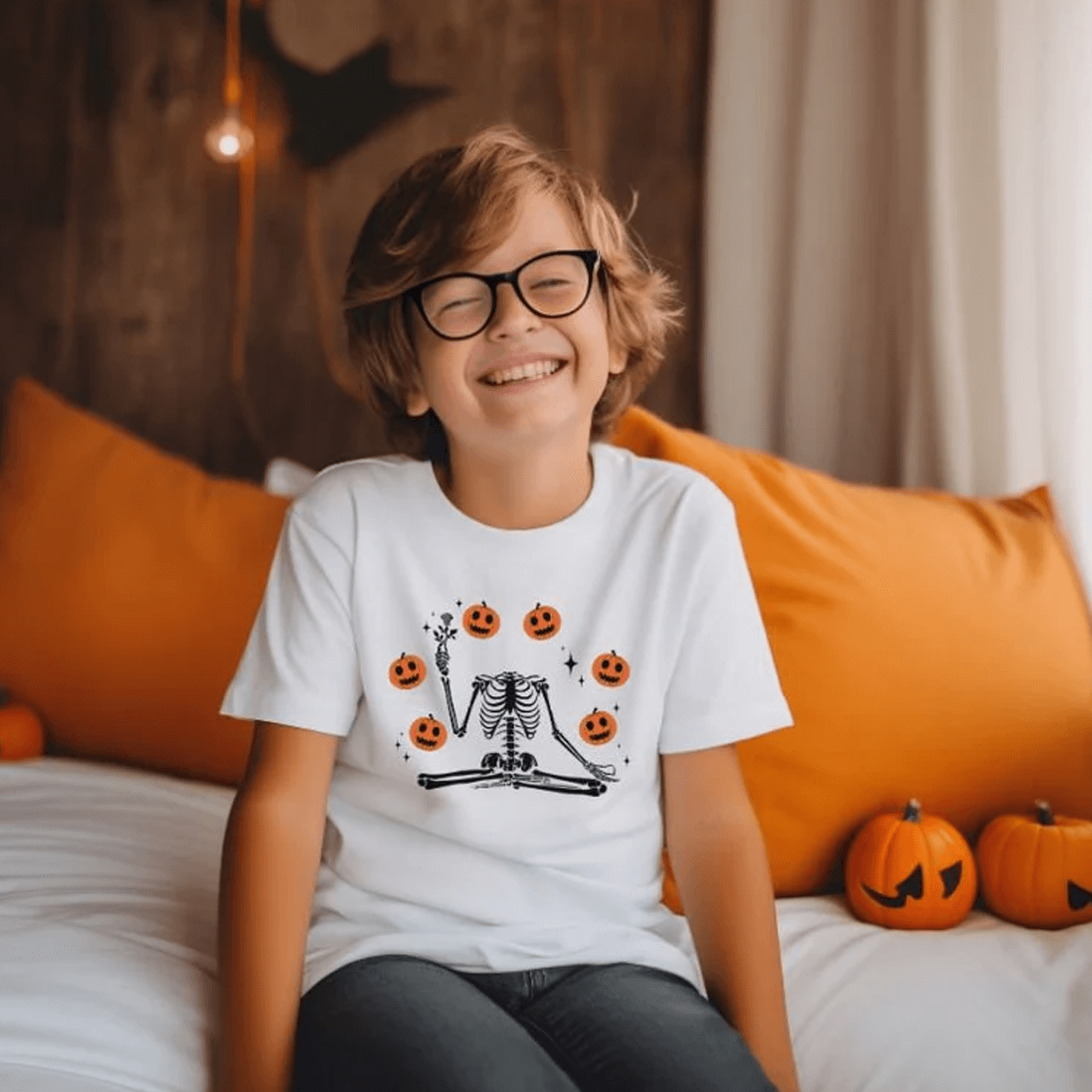 kids skeleton halloween shirt, pumpkin juggling toddler tee, spooky trick or treat t-shirt, cute fall halloween outfit
