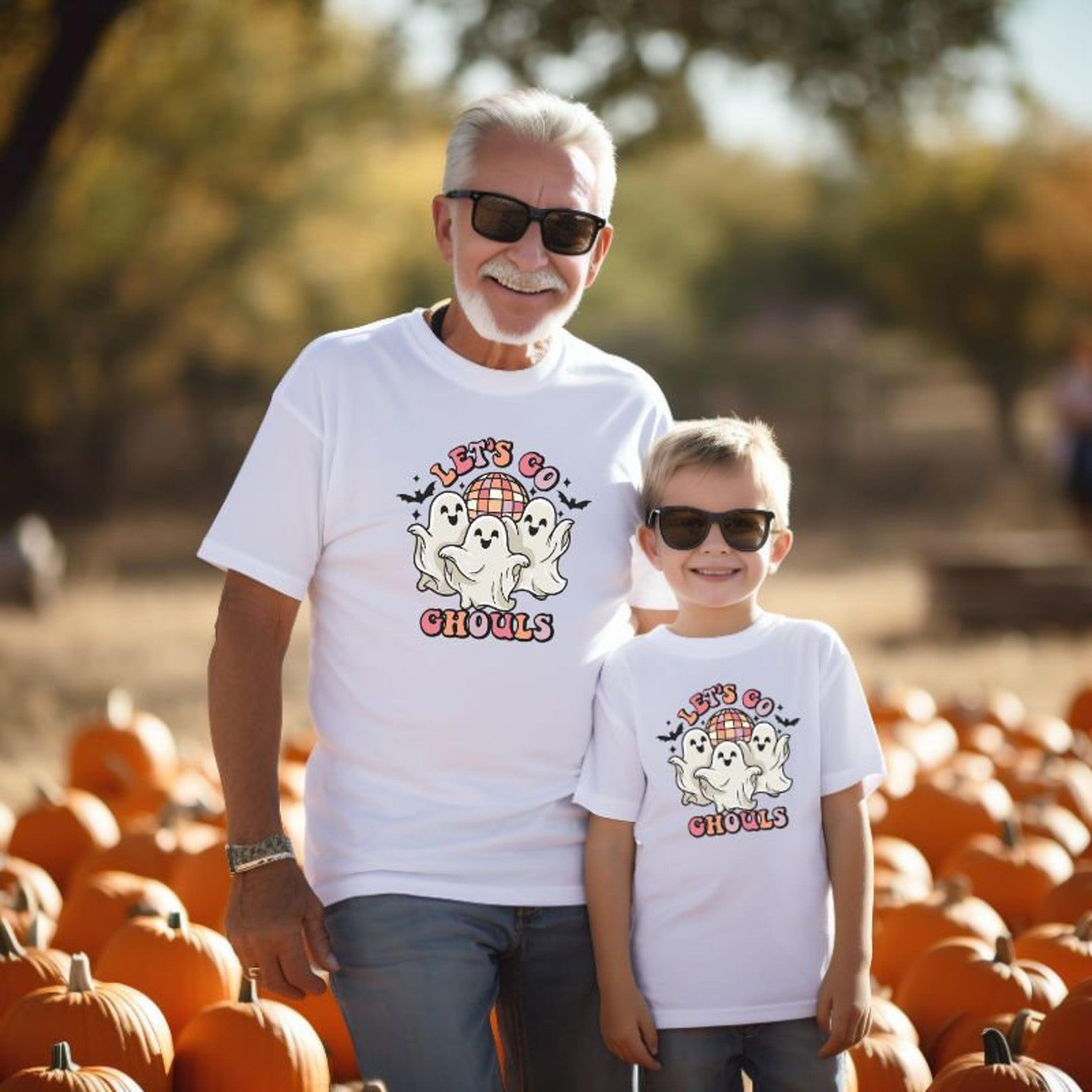 daddy and me halloween shirts, lets go ghouls ghost tees, matching father kids spooky family trick or treat outfit