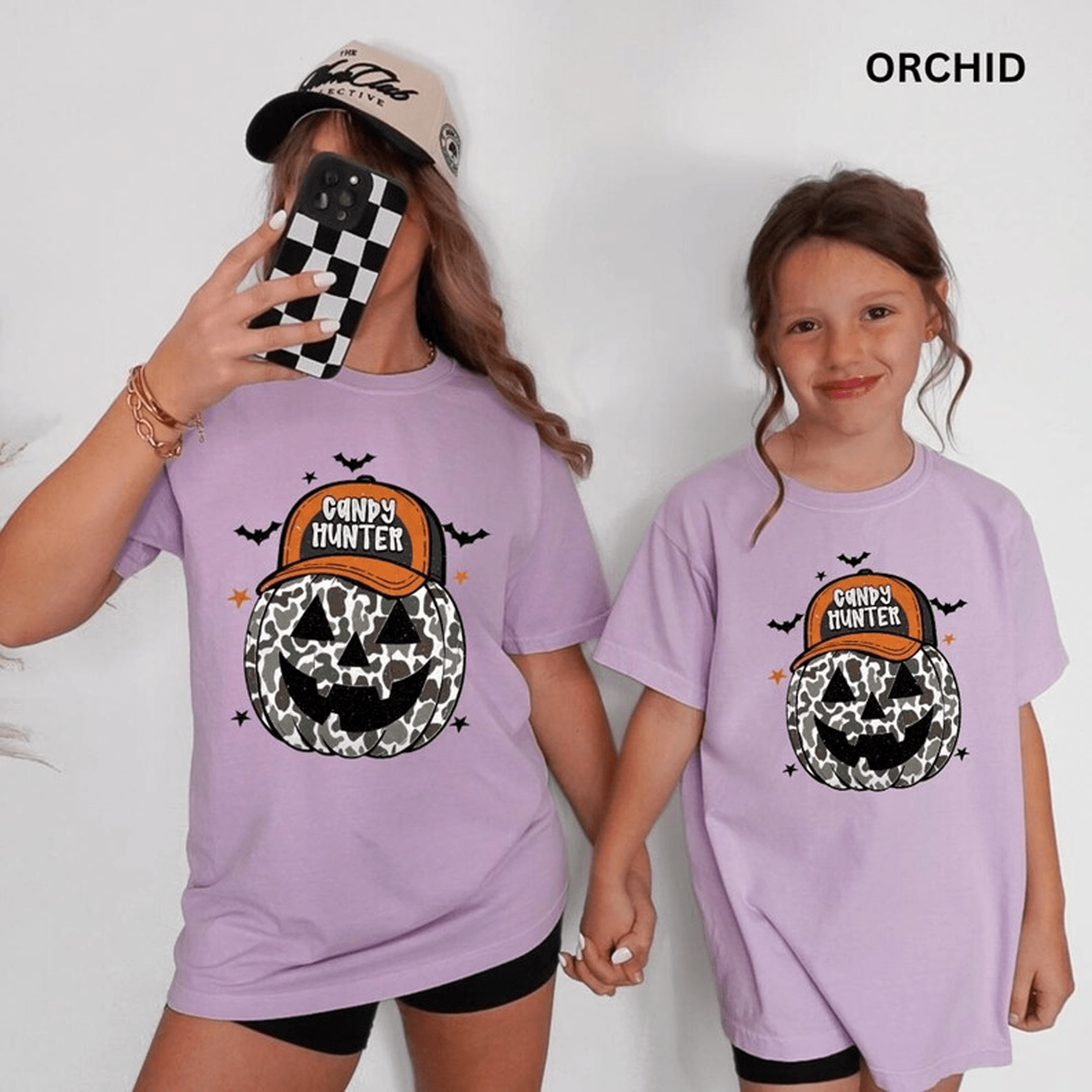 candy hunter mommy and me halloween shirts, comfort colors pumpkin tees, matching mother daughter spooky fall outfit