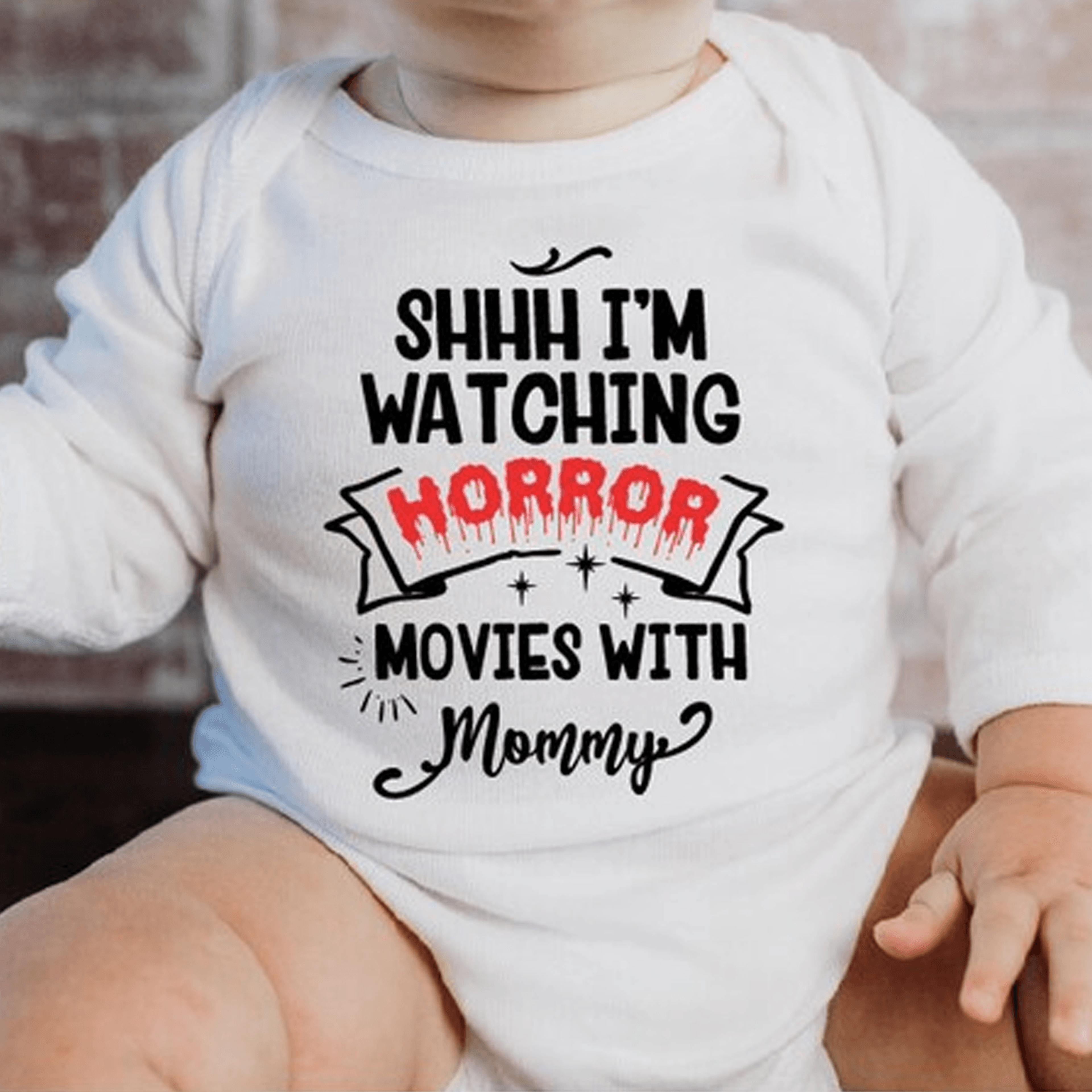 horror movie mommy baby bodysuit, funny scary baby outfit, spooky halloween infant shirt, horror mom baby gift