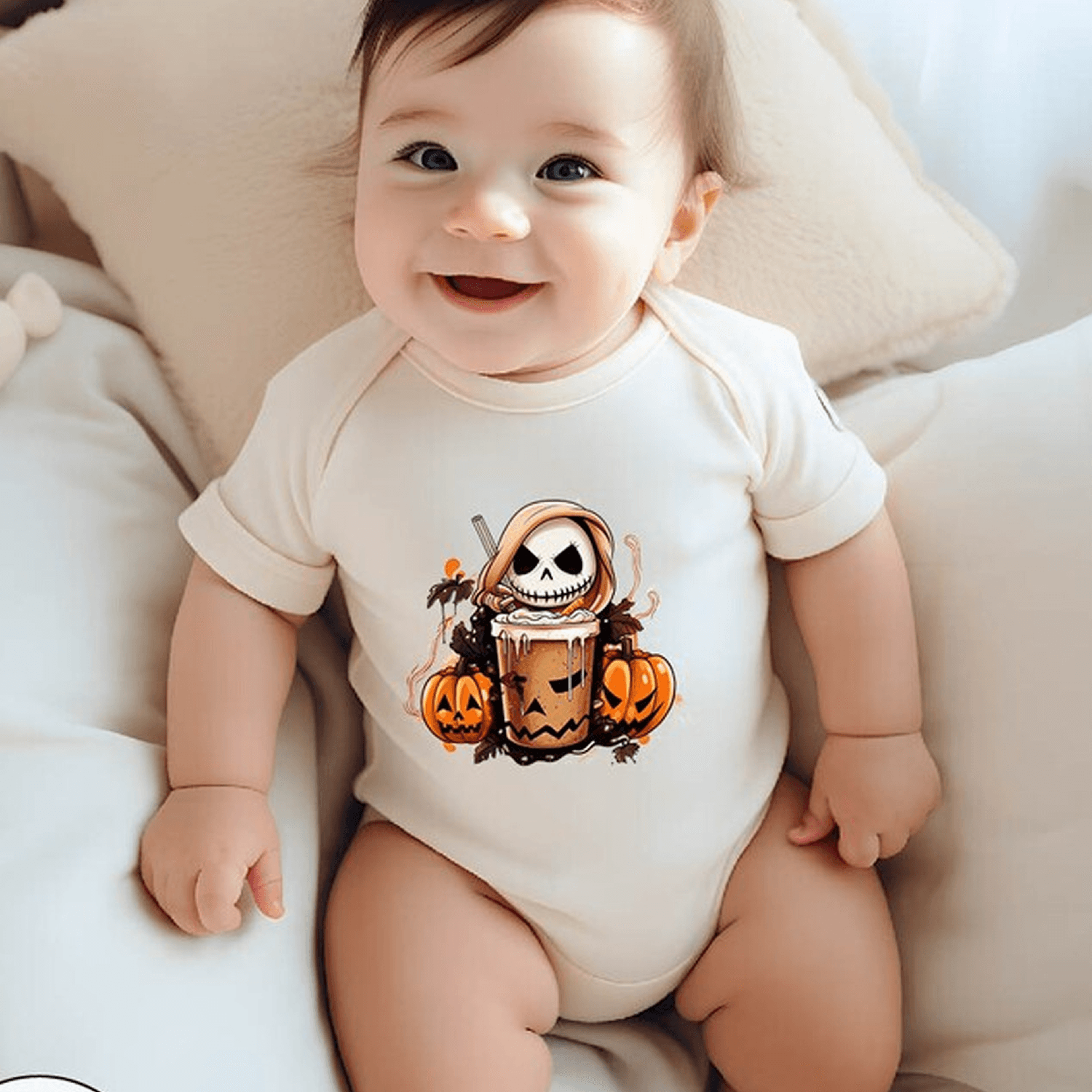 scary pumpkin coffee baby bodysuit, cute halloween infant outfit, spooky fall baby shirt, pumpkin baby gift