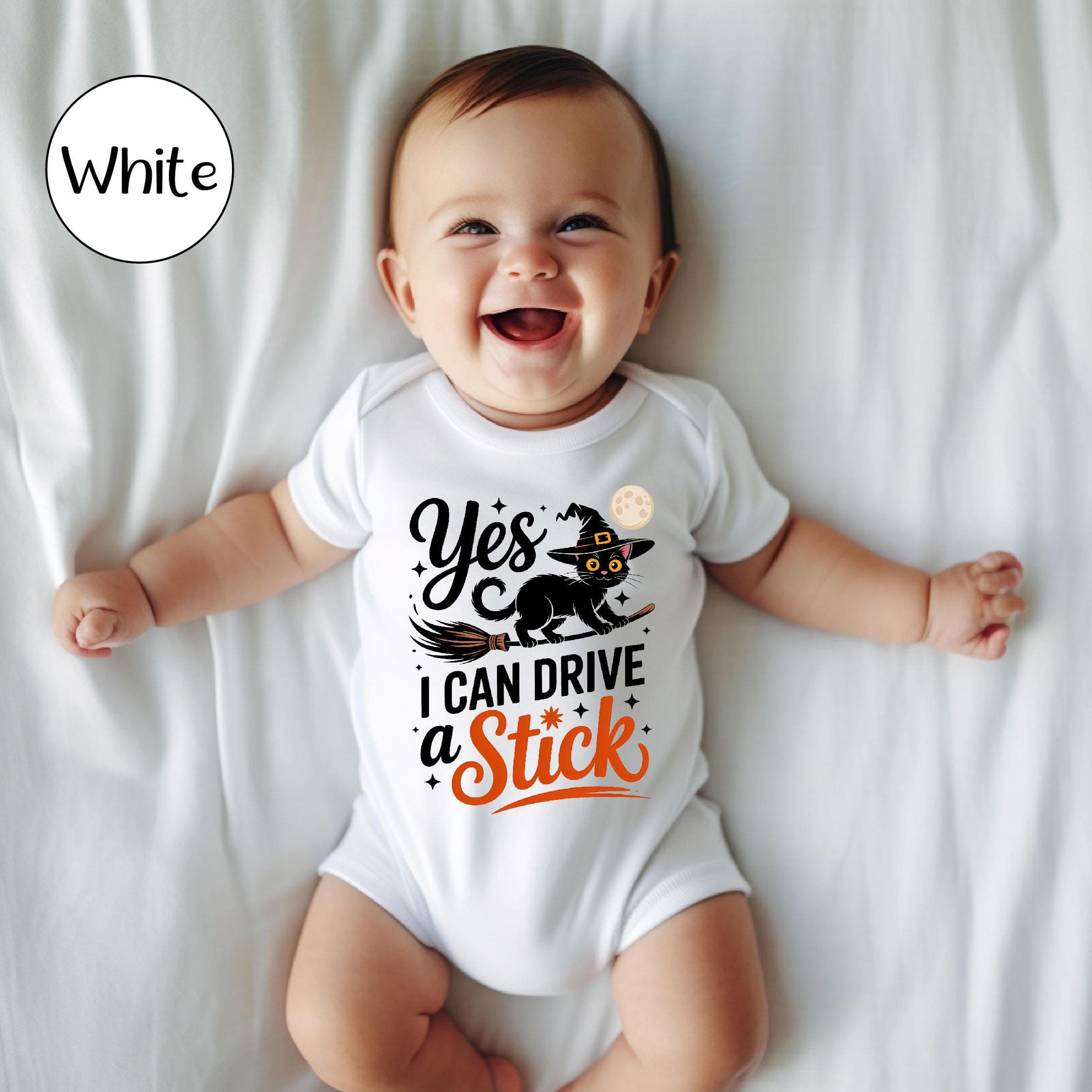 yes i can drive a stick baby bodysuit, witch cat halloween shirt, funny spooky cat outfit, trick or treat kids gift