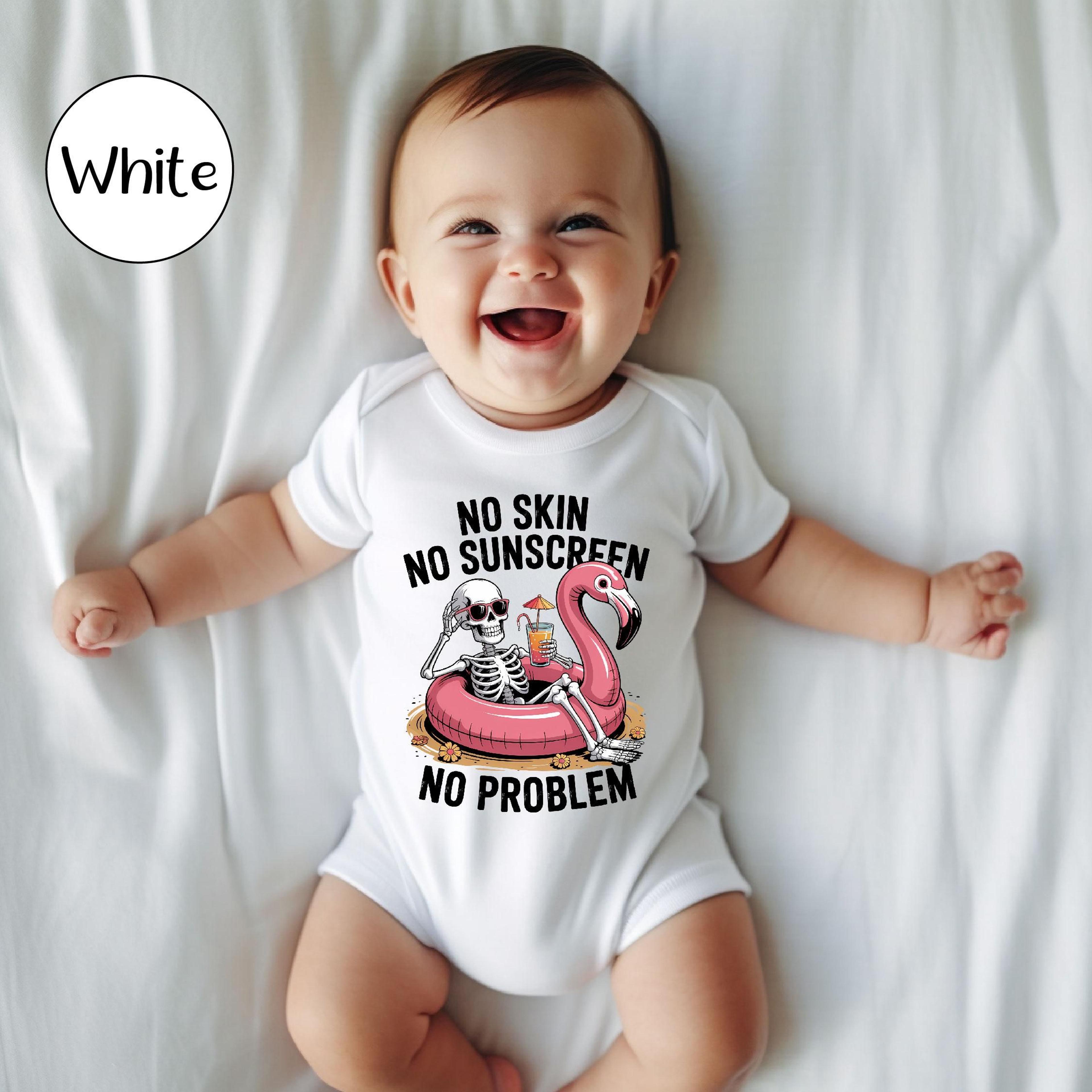 no skin no sunscreen no problem baby bodysuit, funny skeleton halloween infant outfit, spooky baby gift, skull shirt