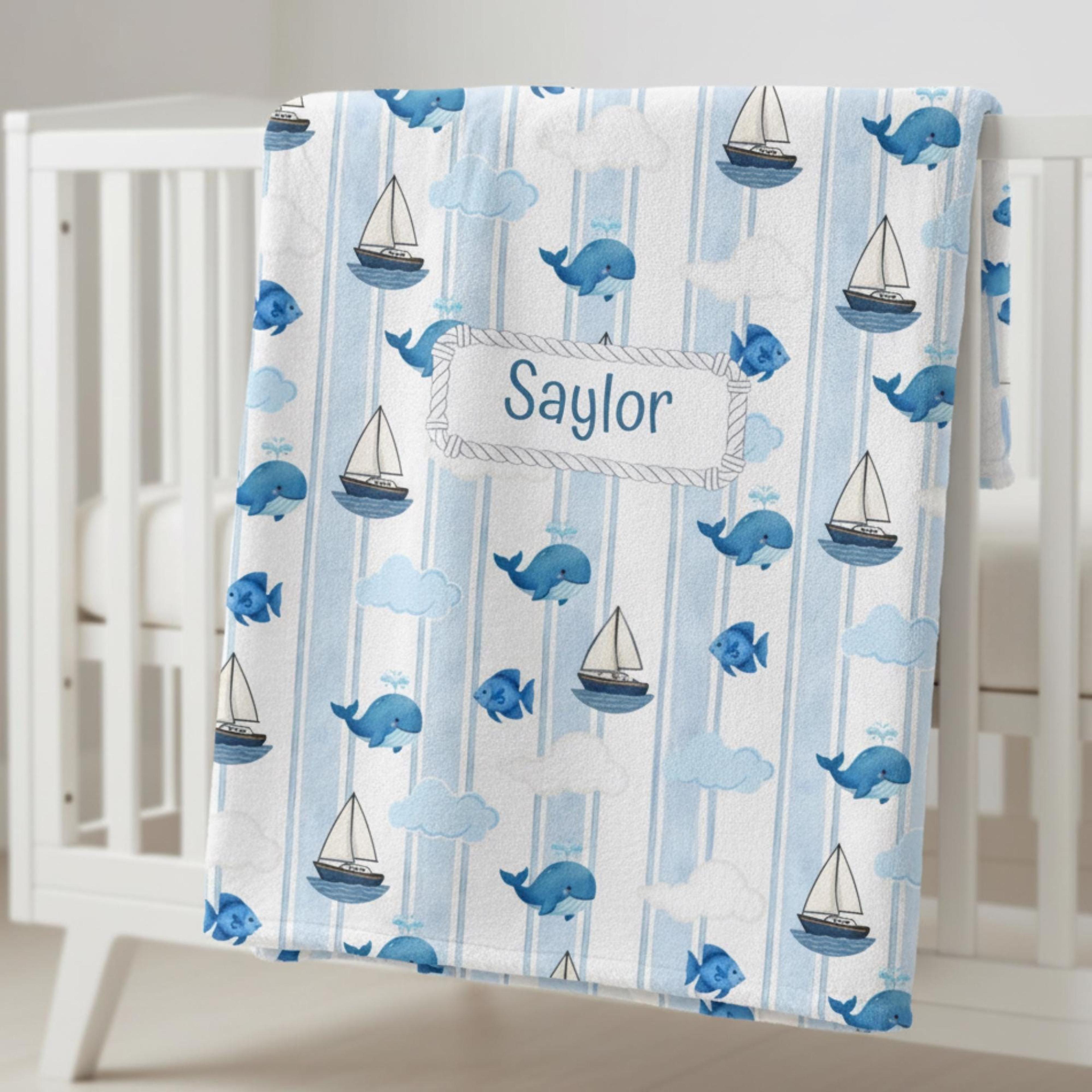personalized nautical baby blanket with whale, custom name ocean nursery throw, newborn baby shower gift & keepsake