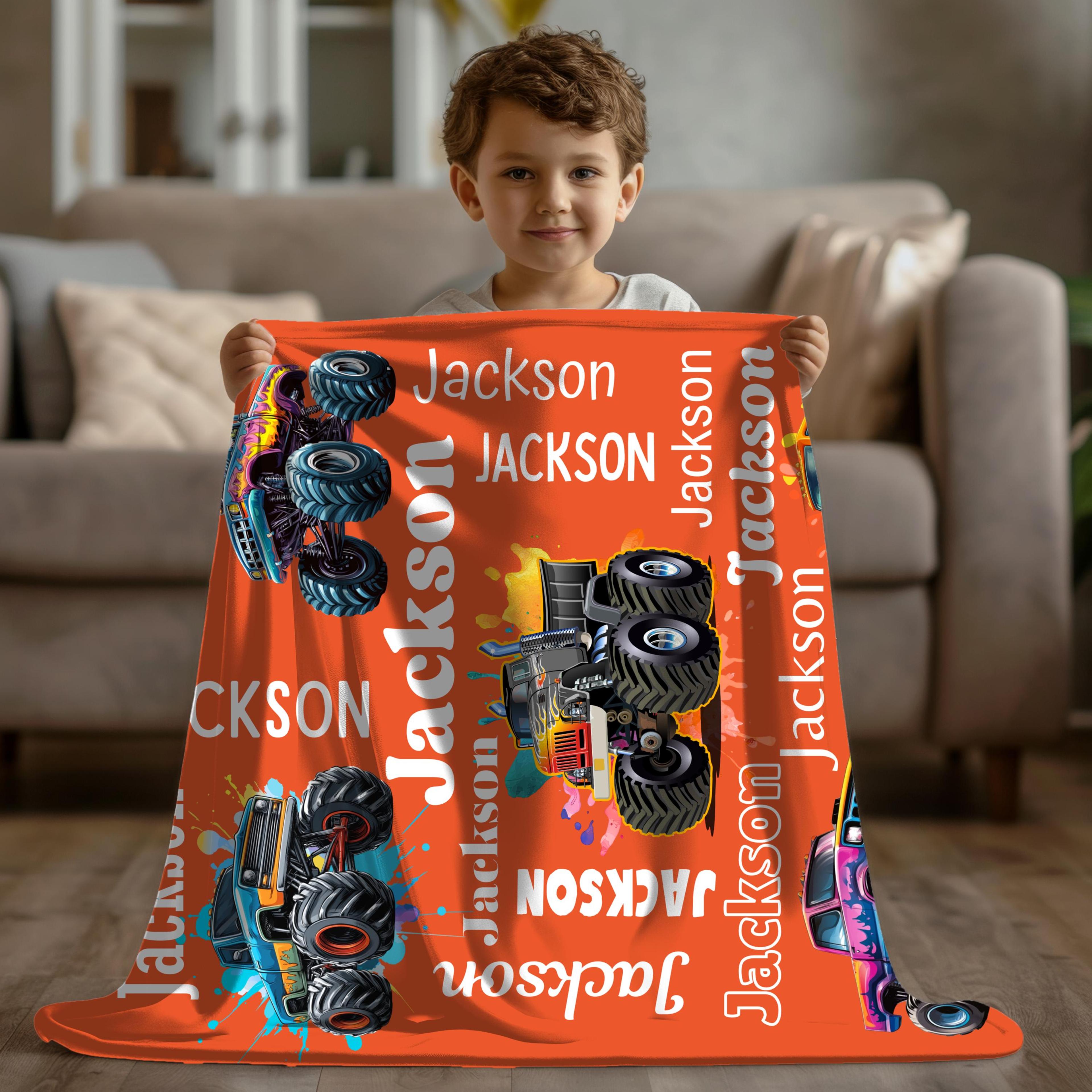 personalized monster truck blanket, custom name kids throw, boys truck bedroom decor, birthday gift for son or grandson