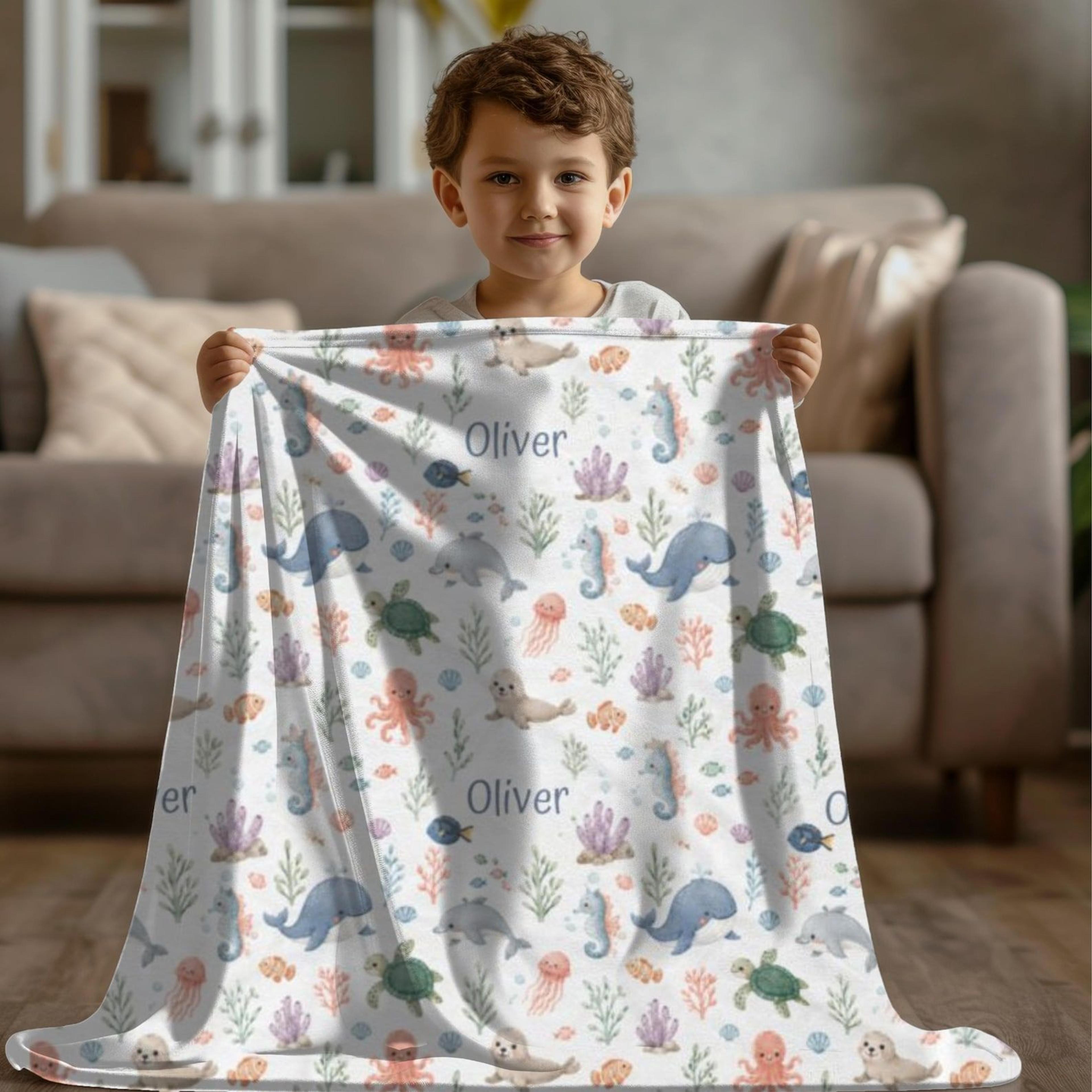 personalized sea life baby blanket, custom name ocean animals throw, whale turtle nursery decor, baby shower gift