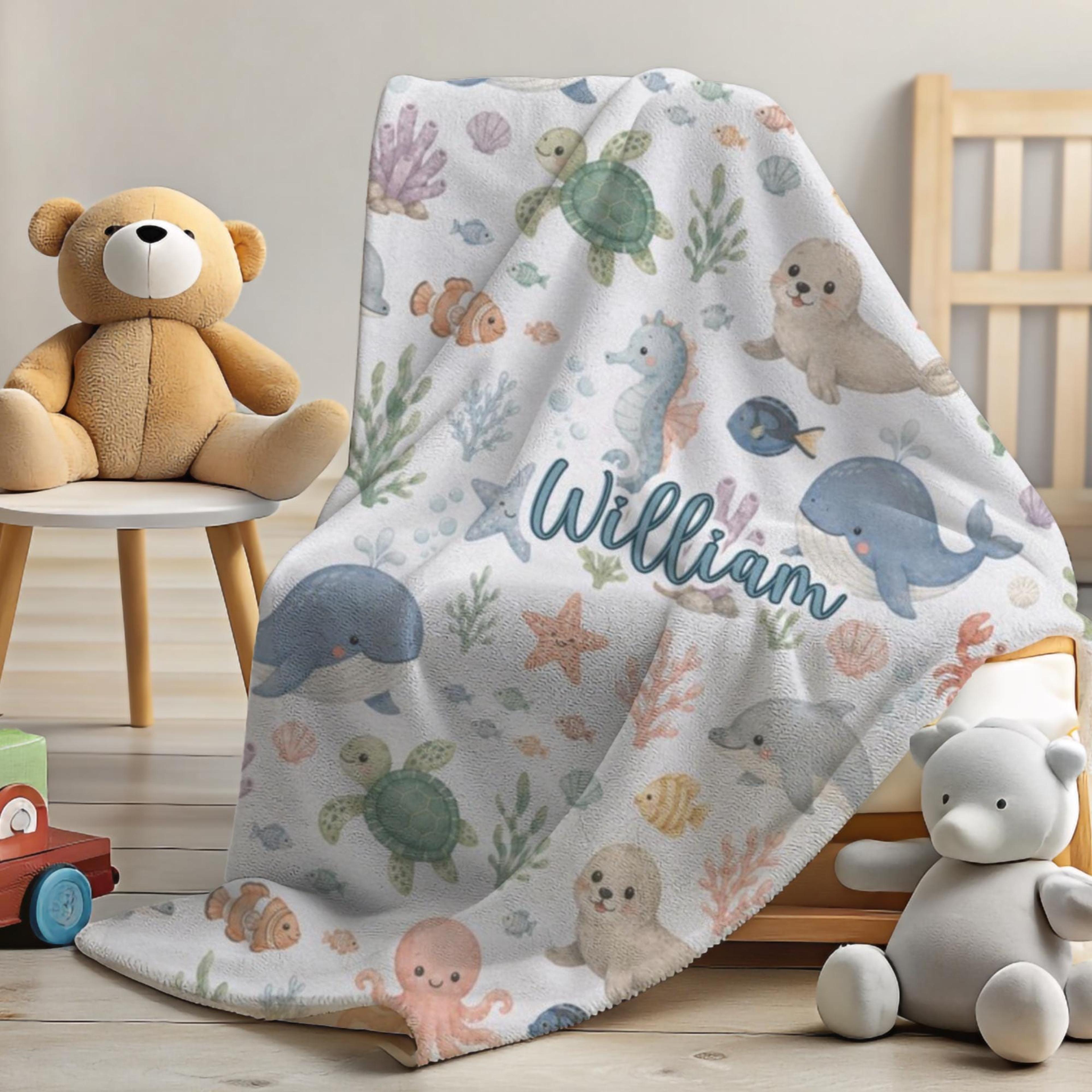 personalized ocean baby blanket, custom name sea life throw, whale turtle nursery decor, newborn baby shower gift