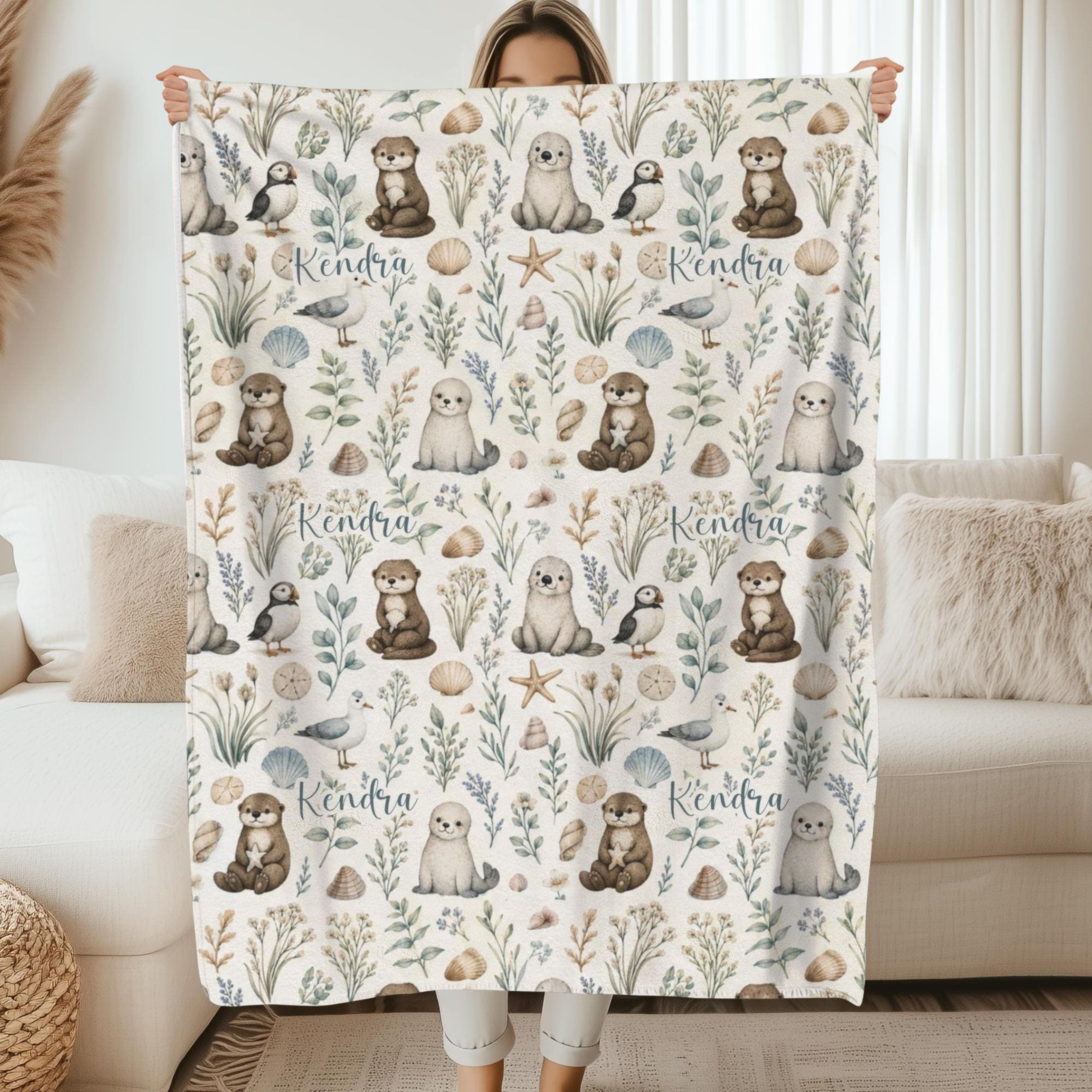 custom ocean baby blanket with name, personalized sea life nursery throw, coastal newborn keepsake & baby shower gift