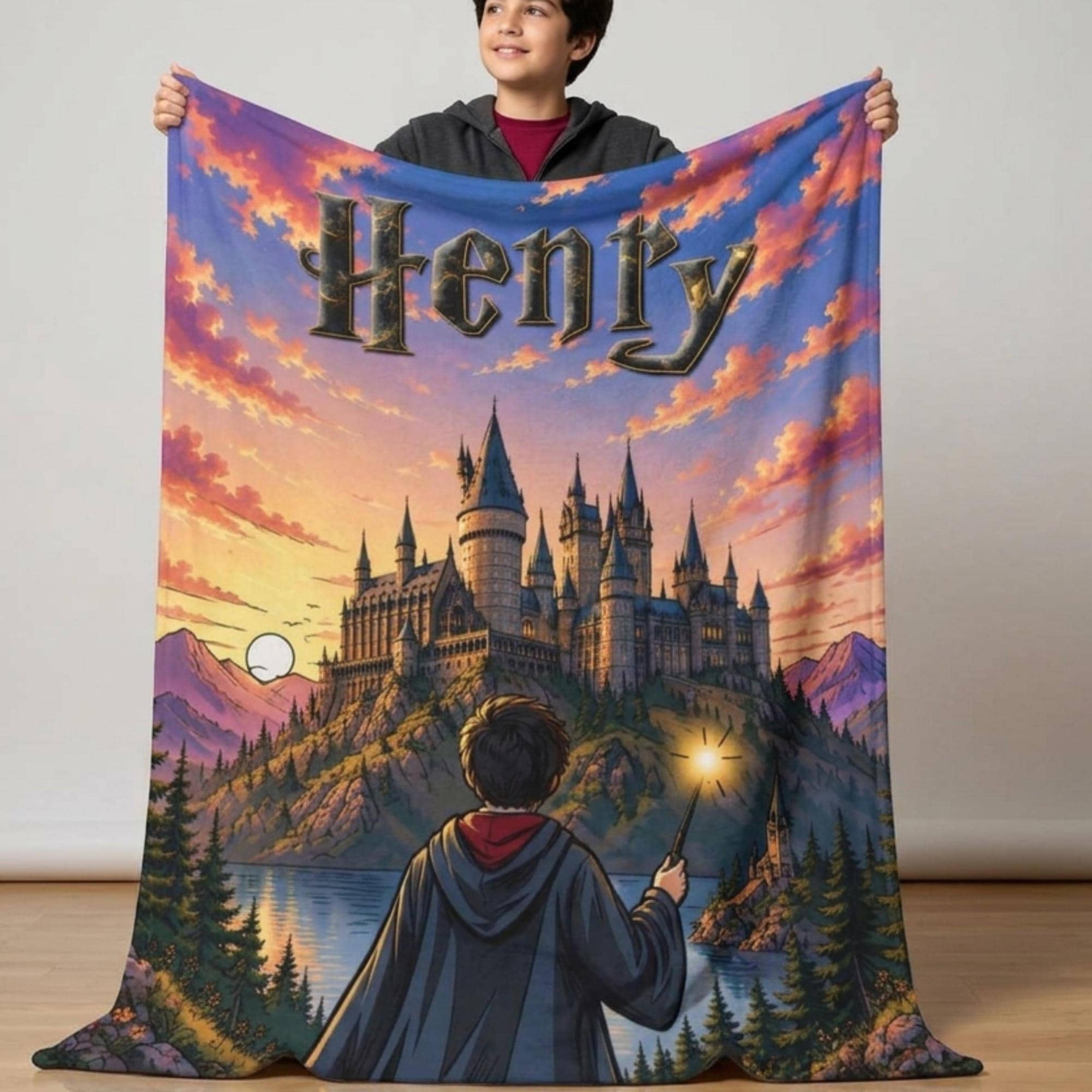 personalized magical wizard blanket, custom name fantasy kids throw, enchanted wizard room decor, unique birthday gift