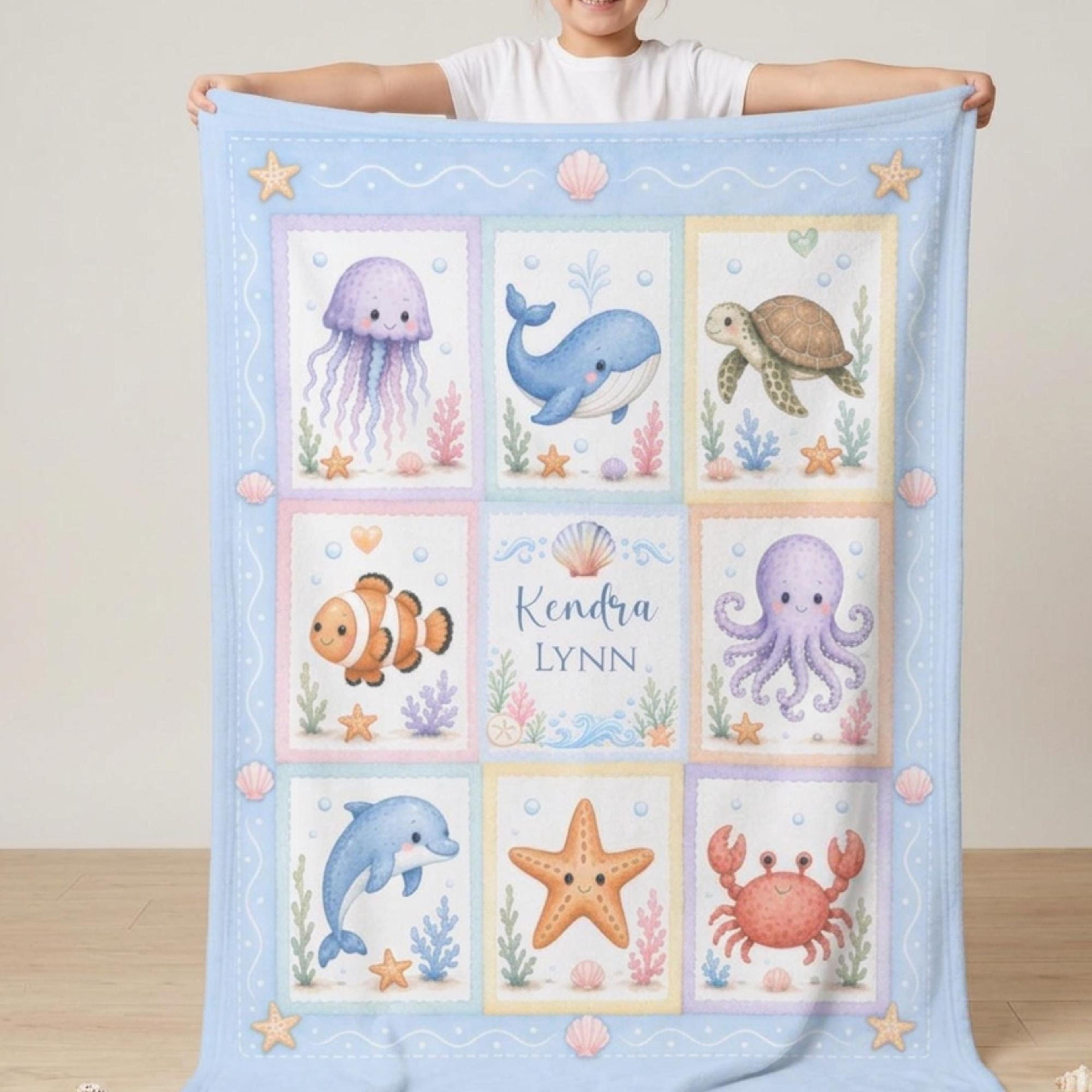 custom sea animals blanket with name, personalized plush ocean throw, nautical nursery decor, newborn & baby shower gift