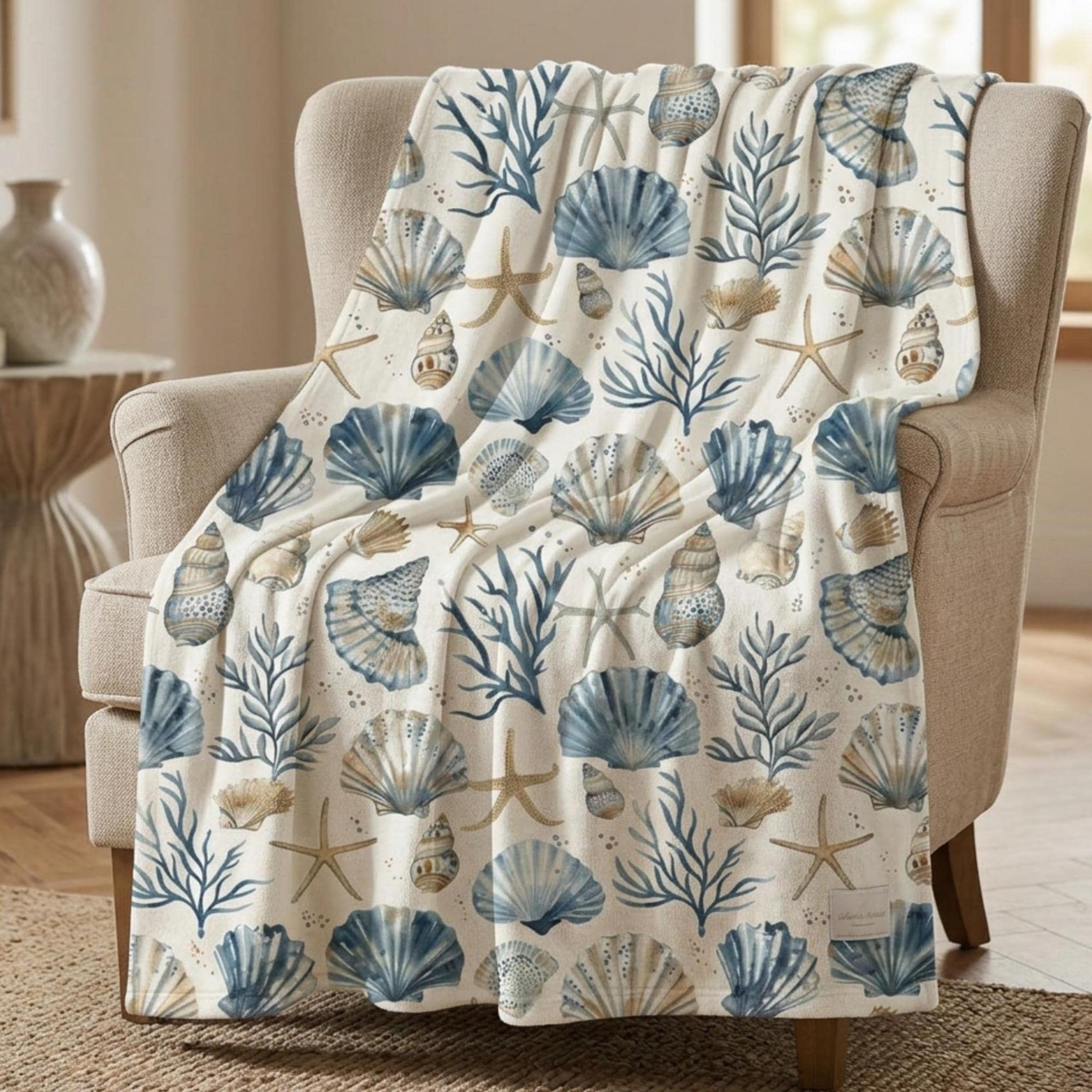 blue seashell coastal blanket, starfish coral plush throw, nautical ocean beach house decor, cozy gift for beach lovers