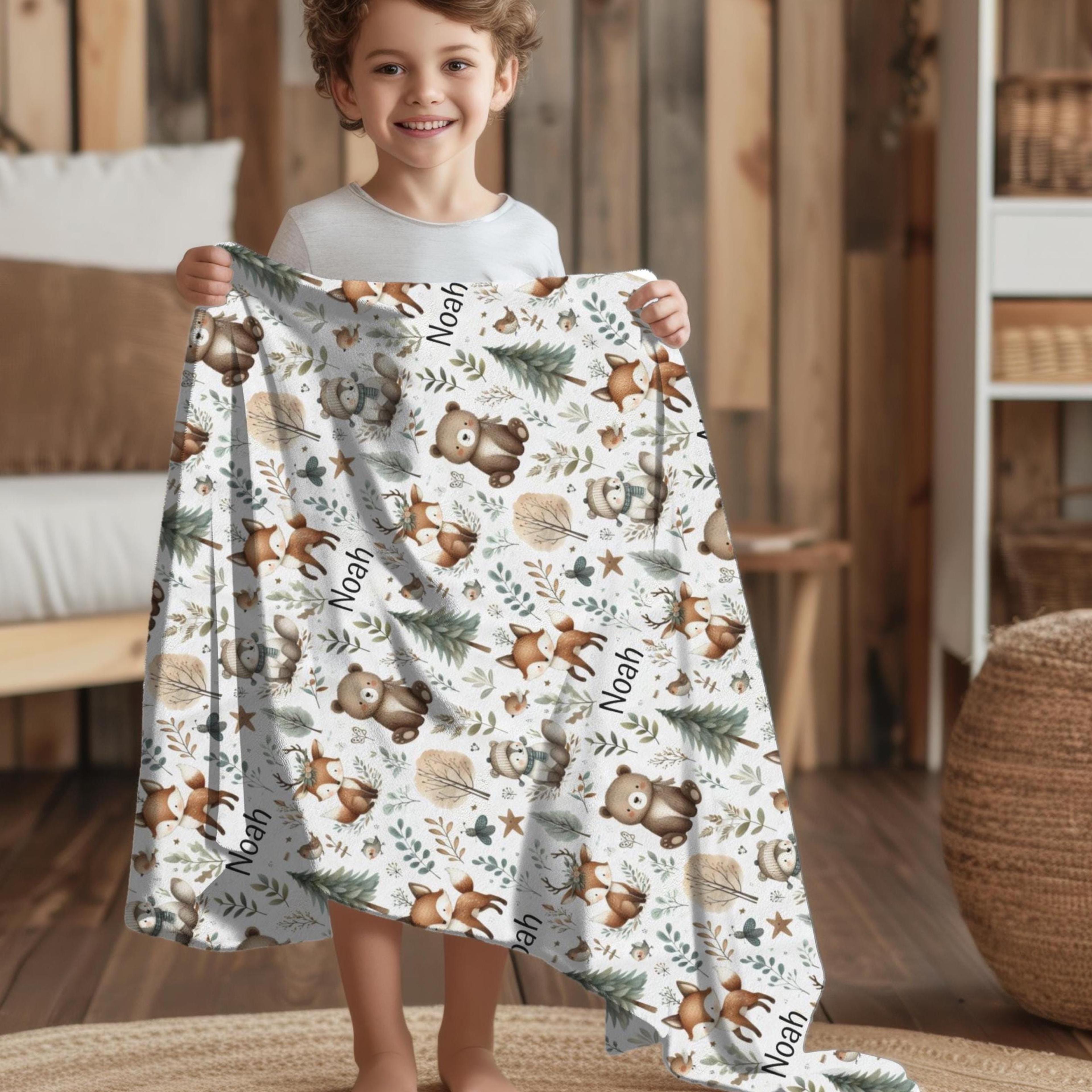 personalized woodland kids blanket, custom name forest animal plush throw, toddler bedroom decor, birthday & christmas g