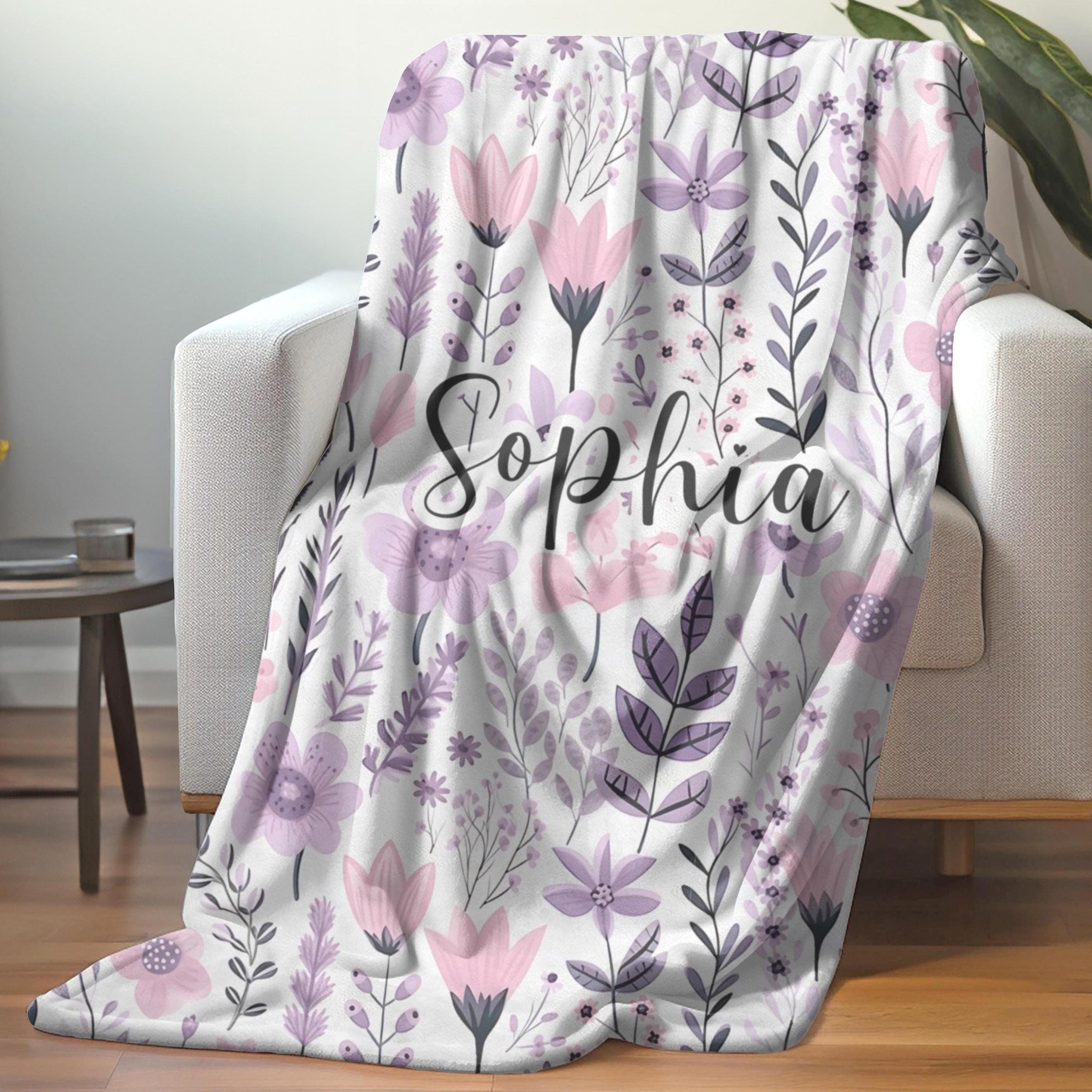 personalized floral plush blanket, custom name pink lavender throw for girls, baby shower gift, nursery & bedroom decor