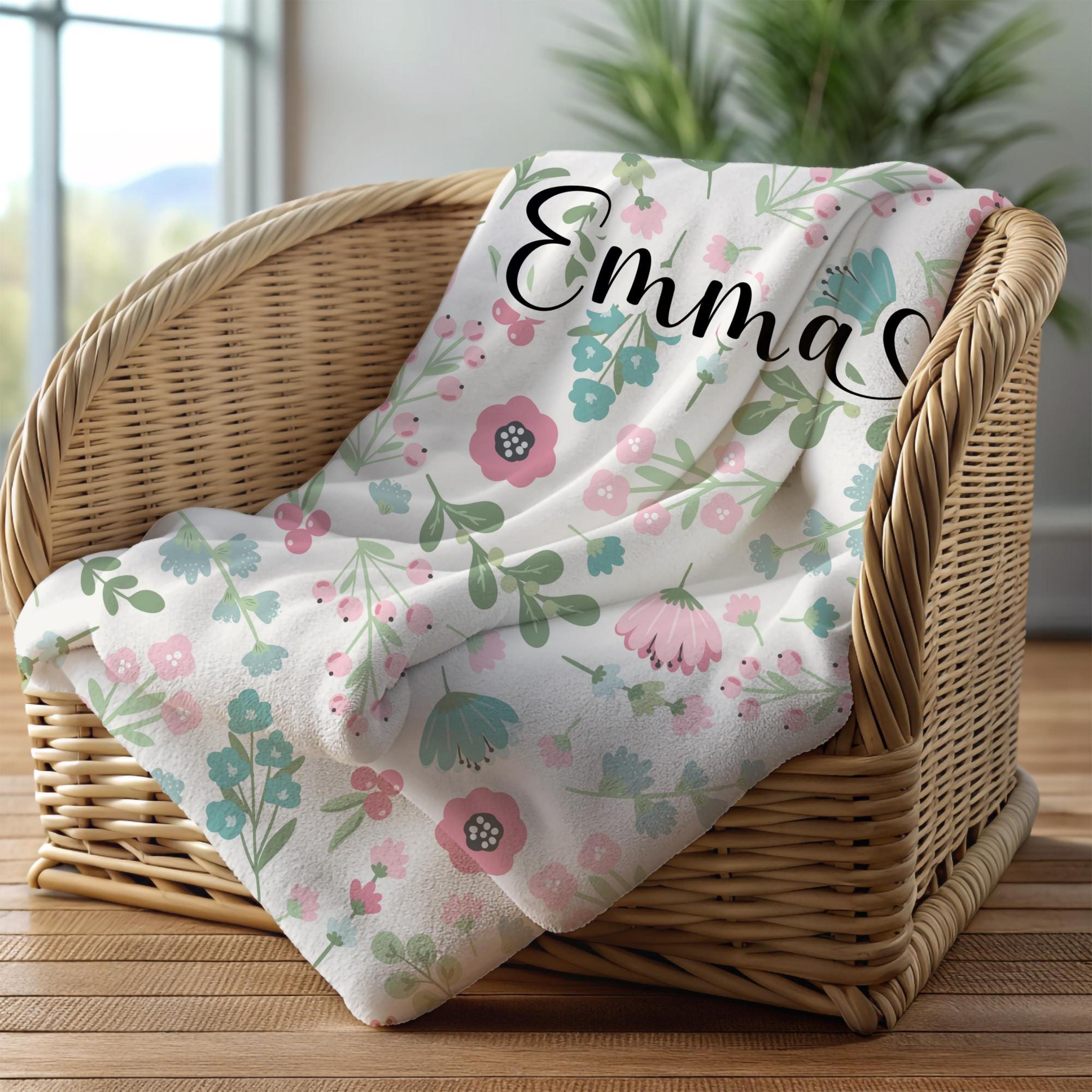 personalized girls name plush blanket, heart flourish velveteen throw, pink blue green nursery decor, birthday gift for