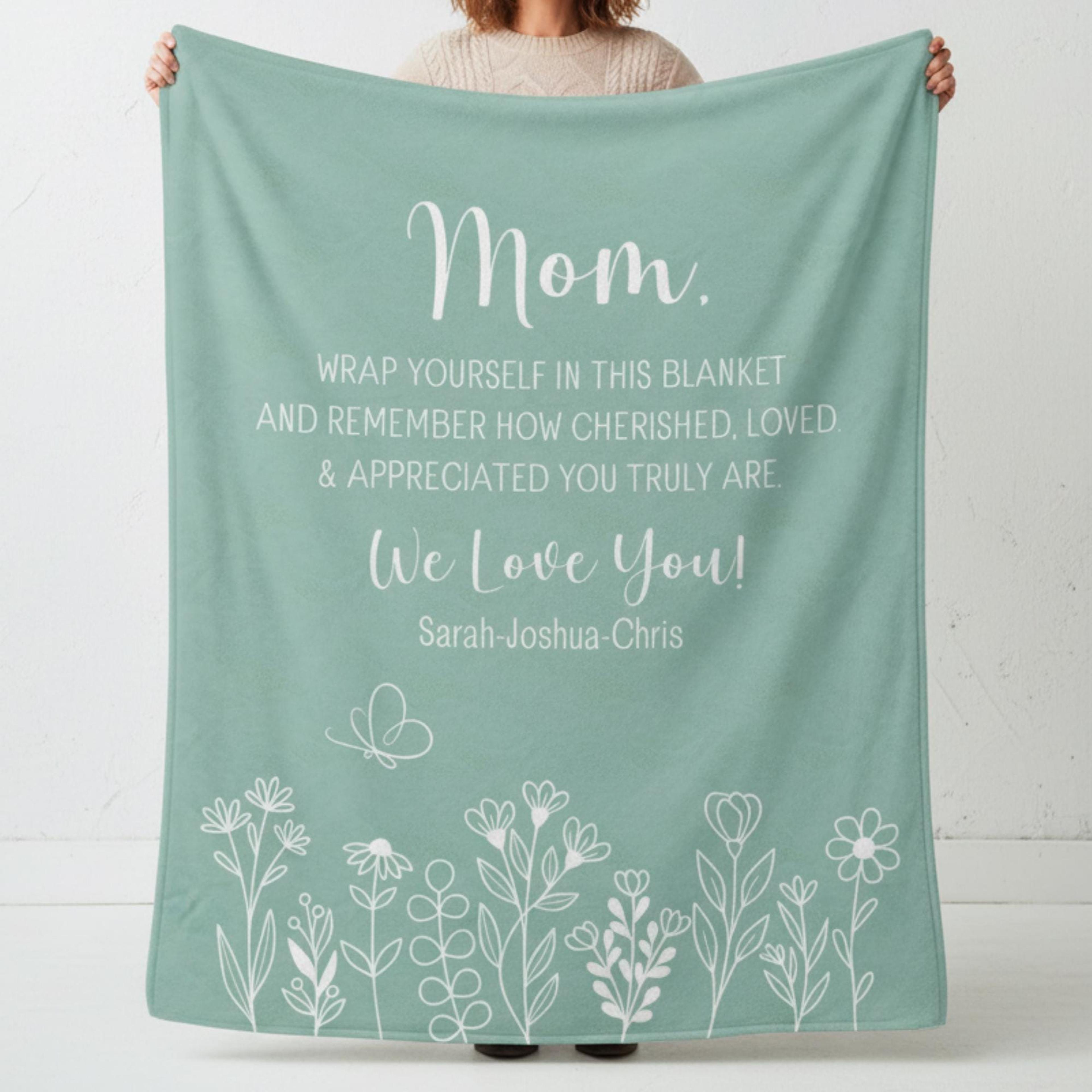personalized mom blanket with kids names, cherished loved & appreciated velveteen plush throw, mother's day birthday gif