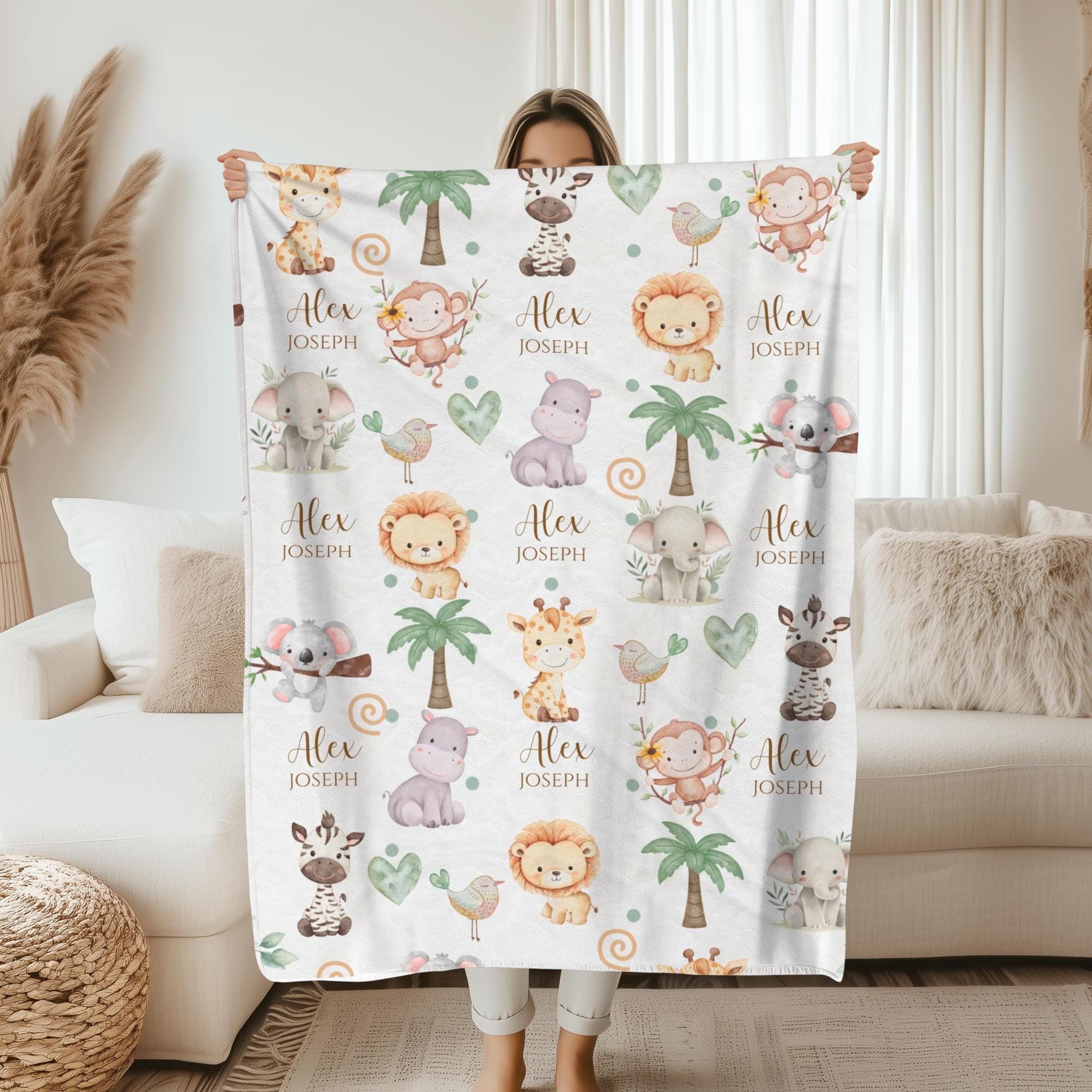 personalized safari animal baby blanket, custom name jungle plush throw, lion giraffe nursery decor, baby shower gift