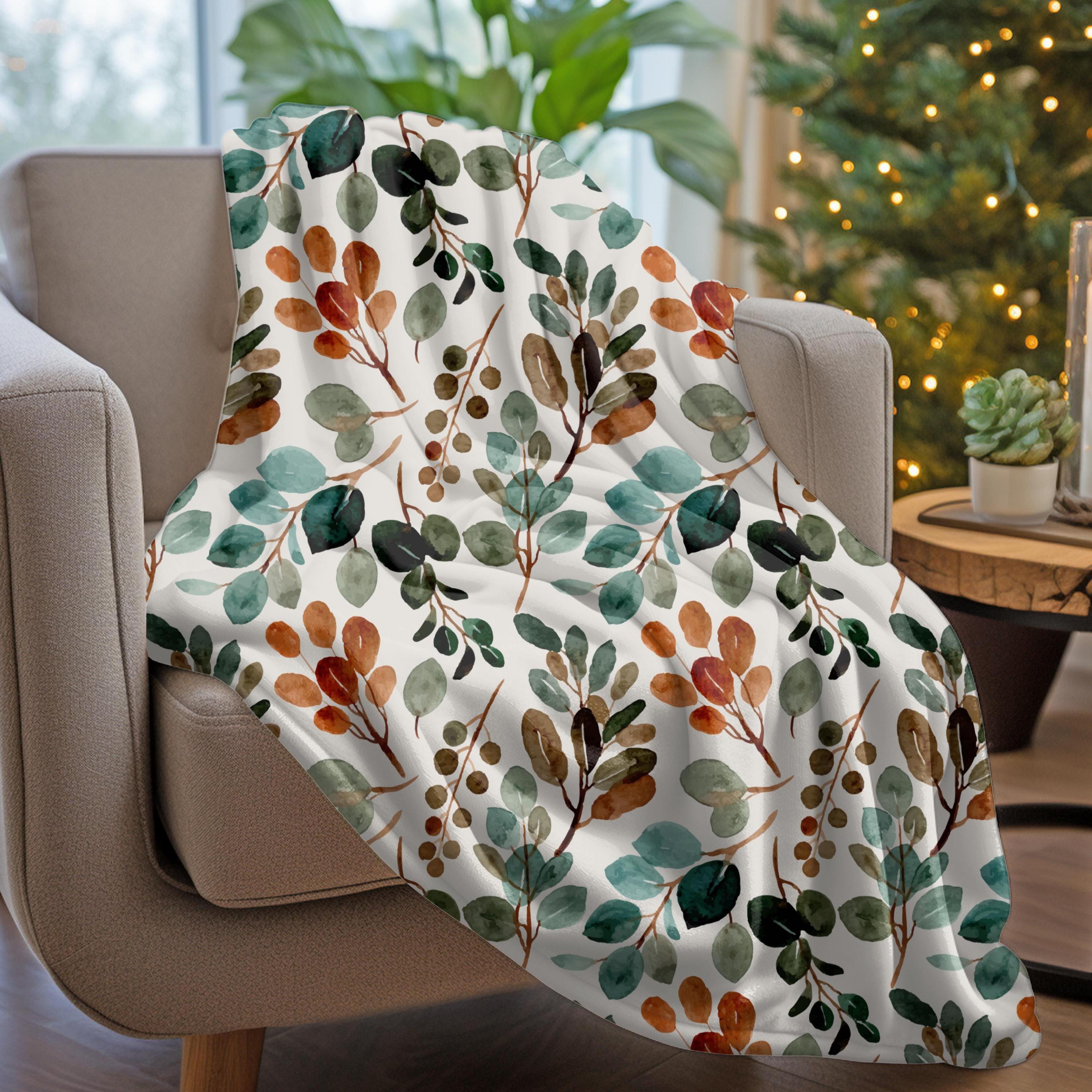 botanical leaf velveteen plush blanket, green nature pattern cozy throw, cottagecore bedroom decor, housewarming gift