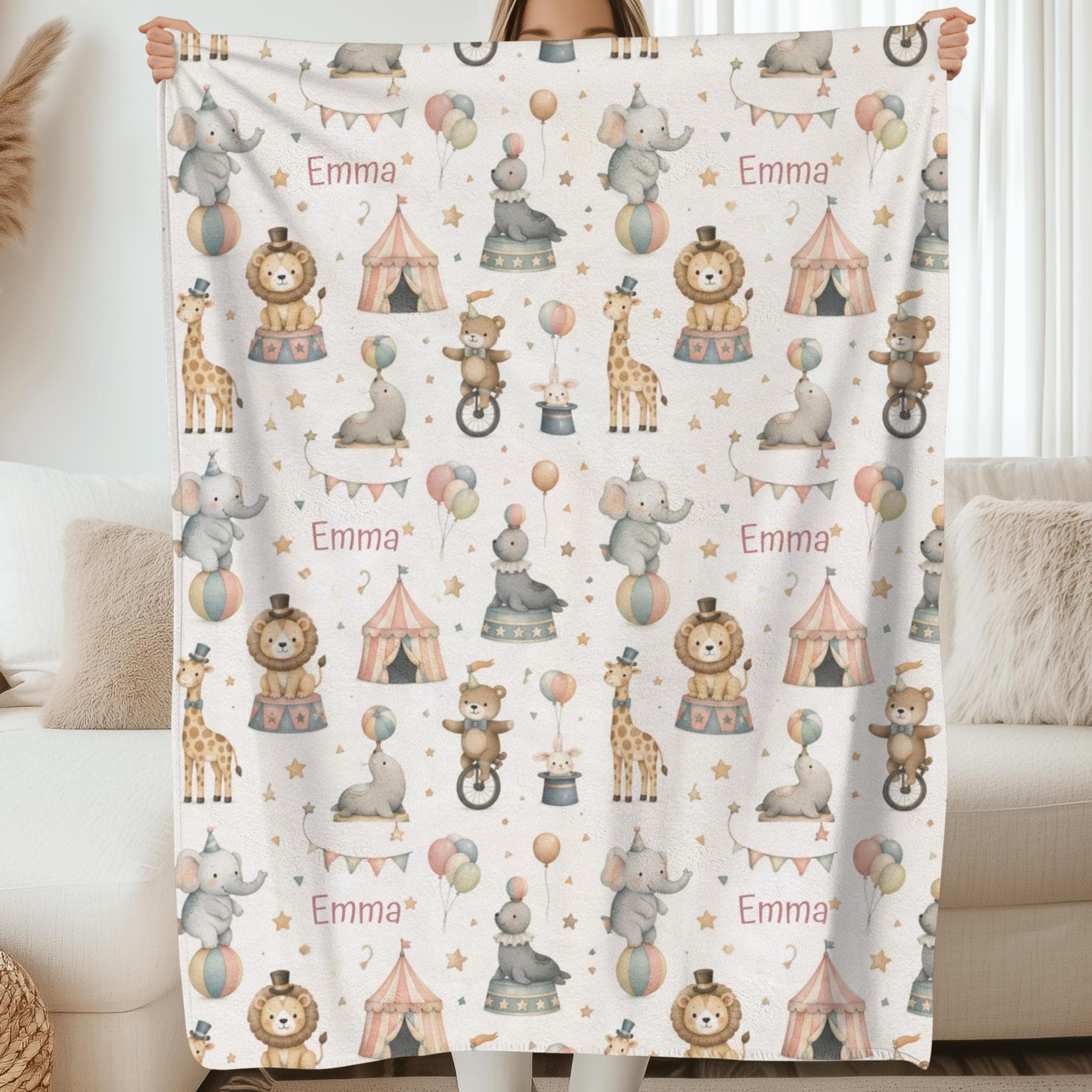 personalized circus animal baby blanket, custom name velveteen plush throw, safari nursery decor, baby shower gift
