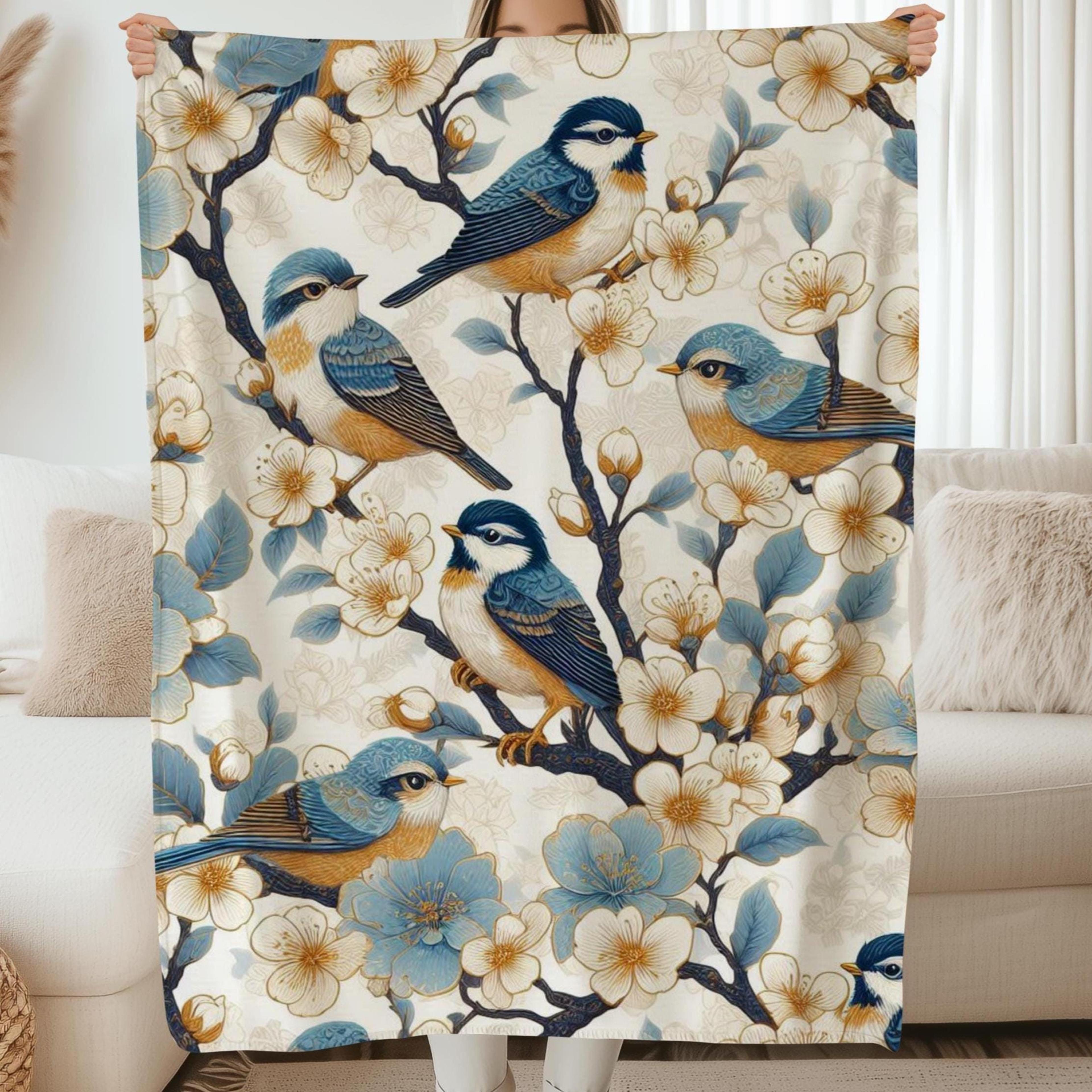 colorful bird & wildflower plush blanket, velveteen nature throw for bird lovers, cottagecore home decor, gift for her