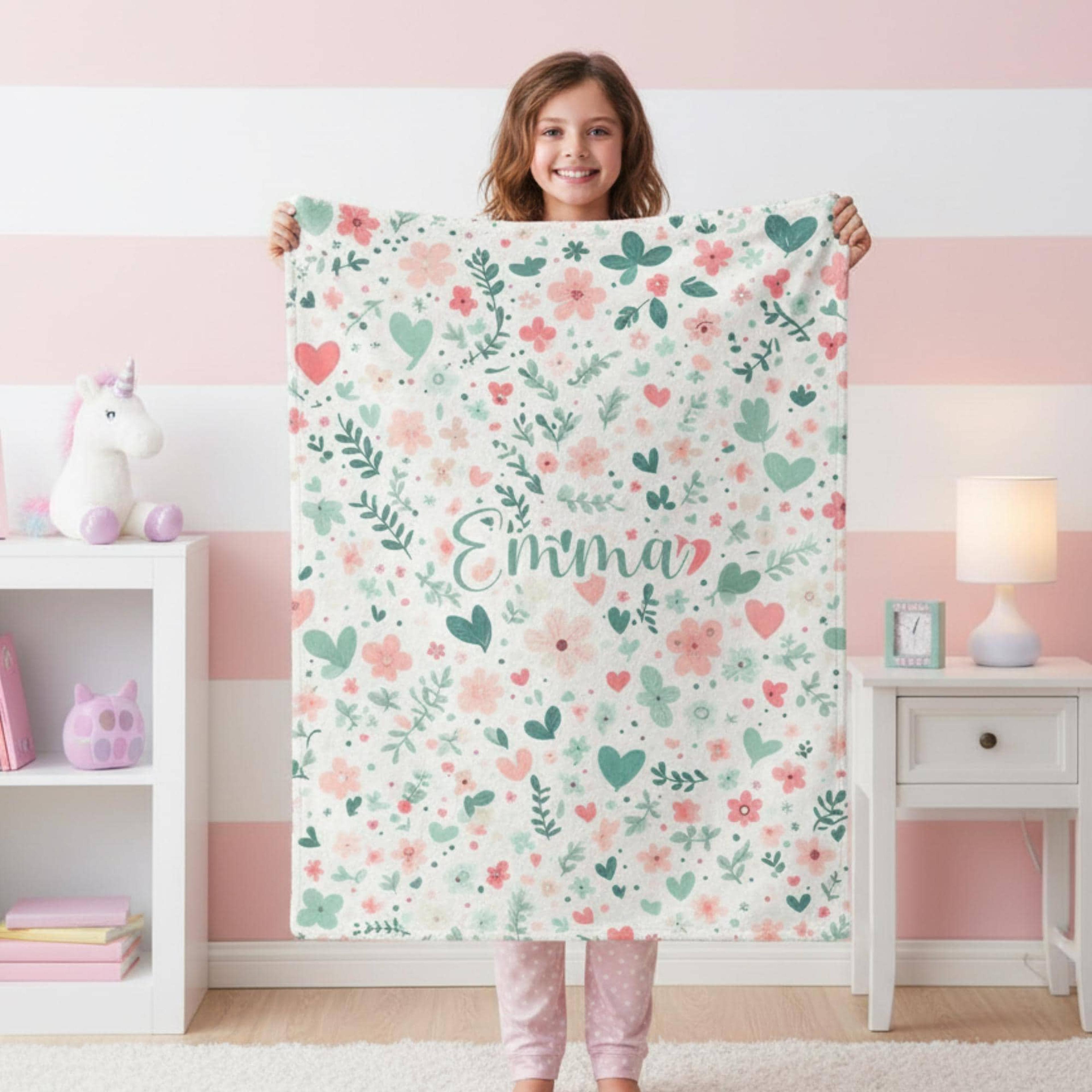 pastel floral hearts plush blanket, velveteen flower heart throw for girls, cottagecore bedroom decor, birthday gift