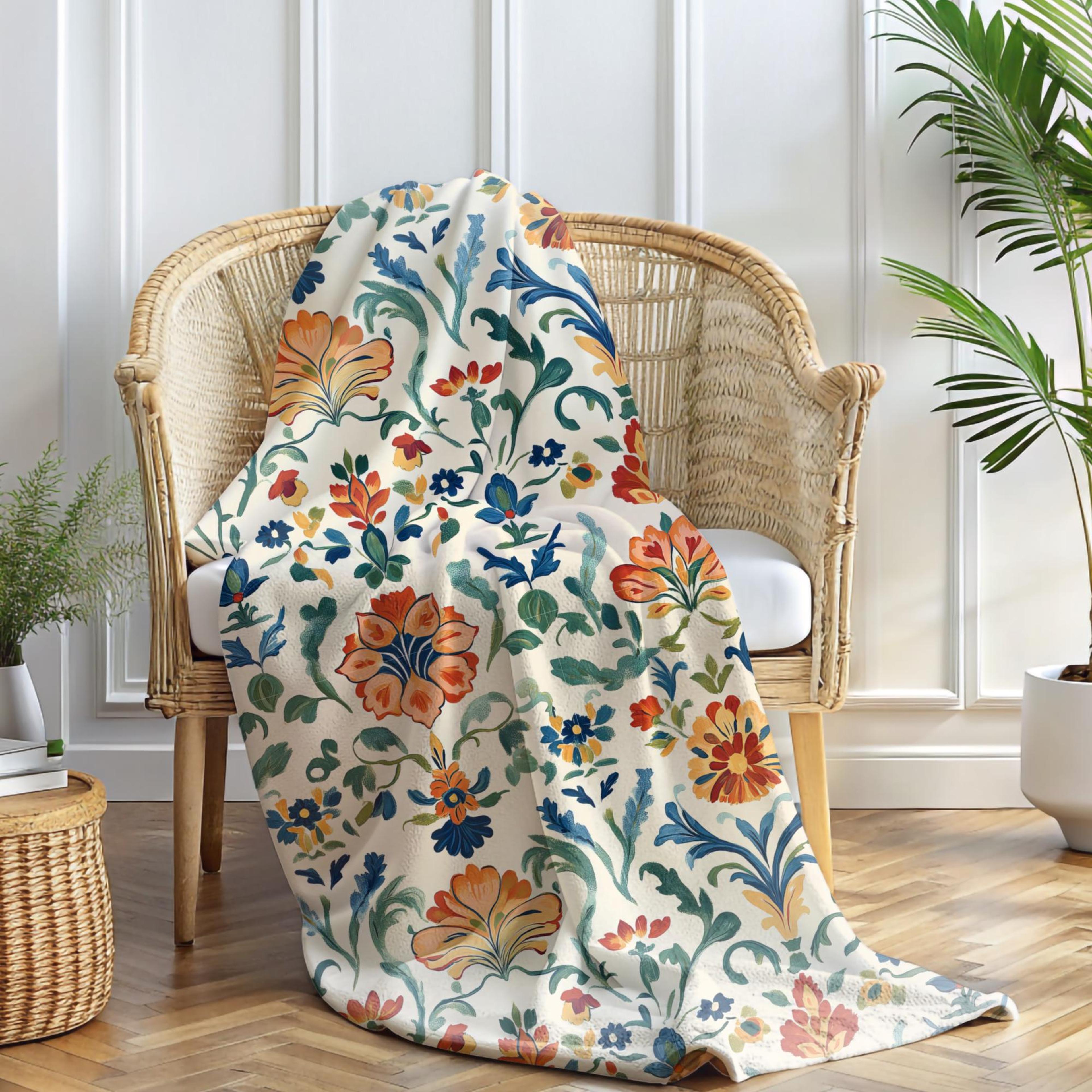 mediterranean velveteen plush blanket, blue botanical floral throw, coastal greek inspired home decor, housewarming gift