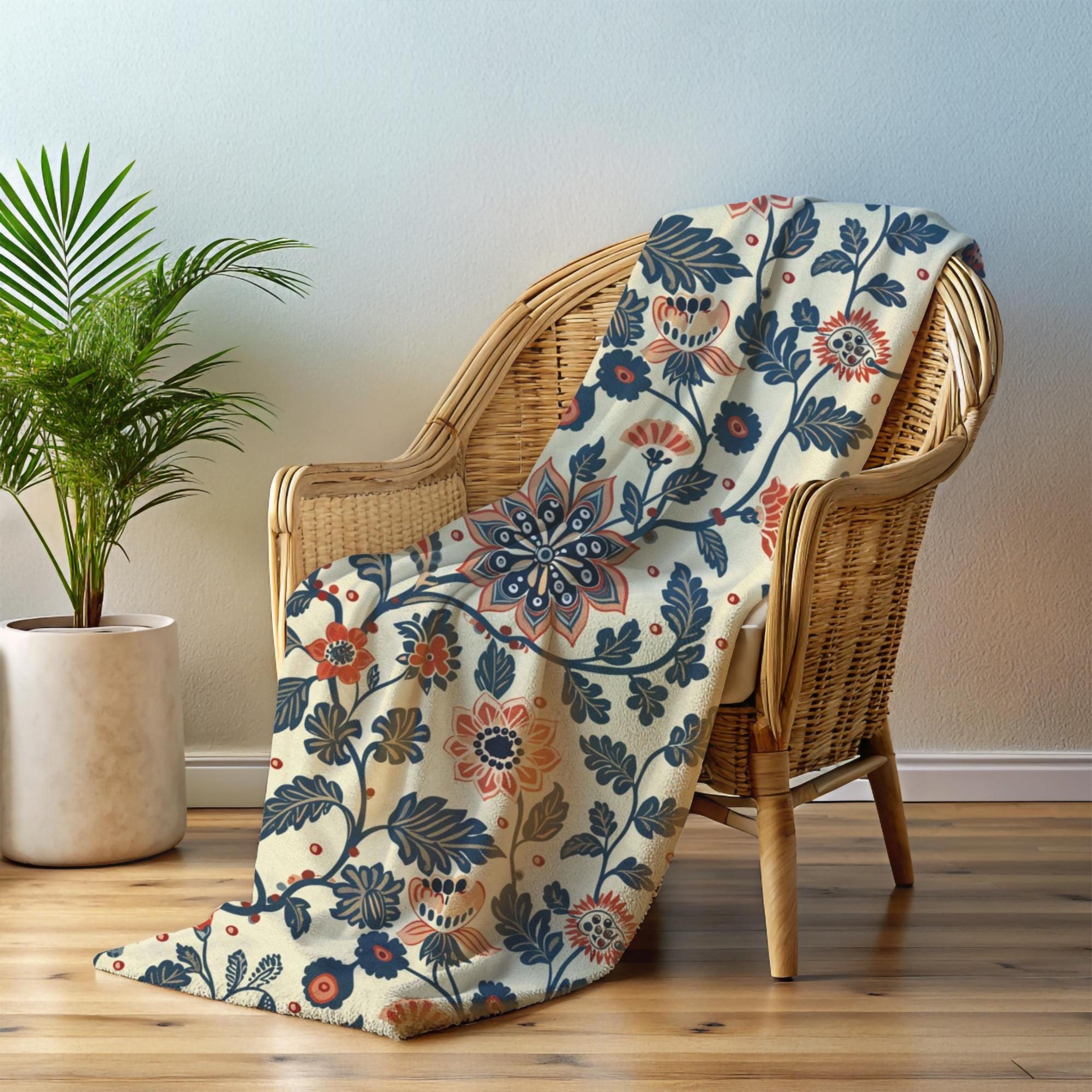 indian print dark orange plush blanket, boho velveteen throw, ethnic pattern bedroom decor, cozy housewarming gift for h