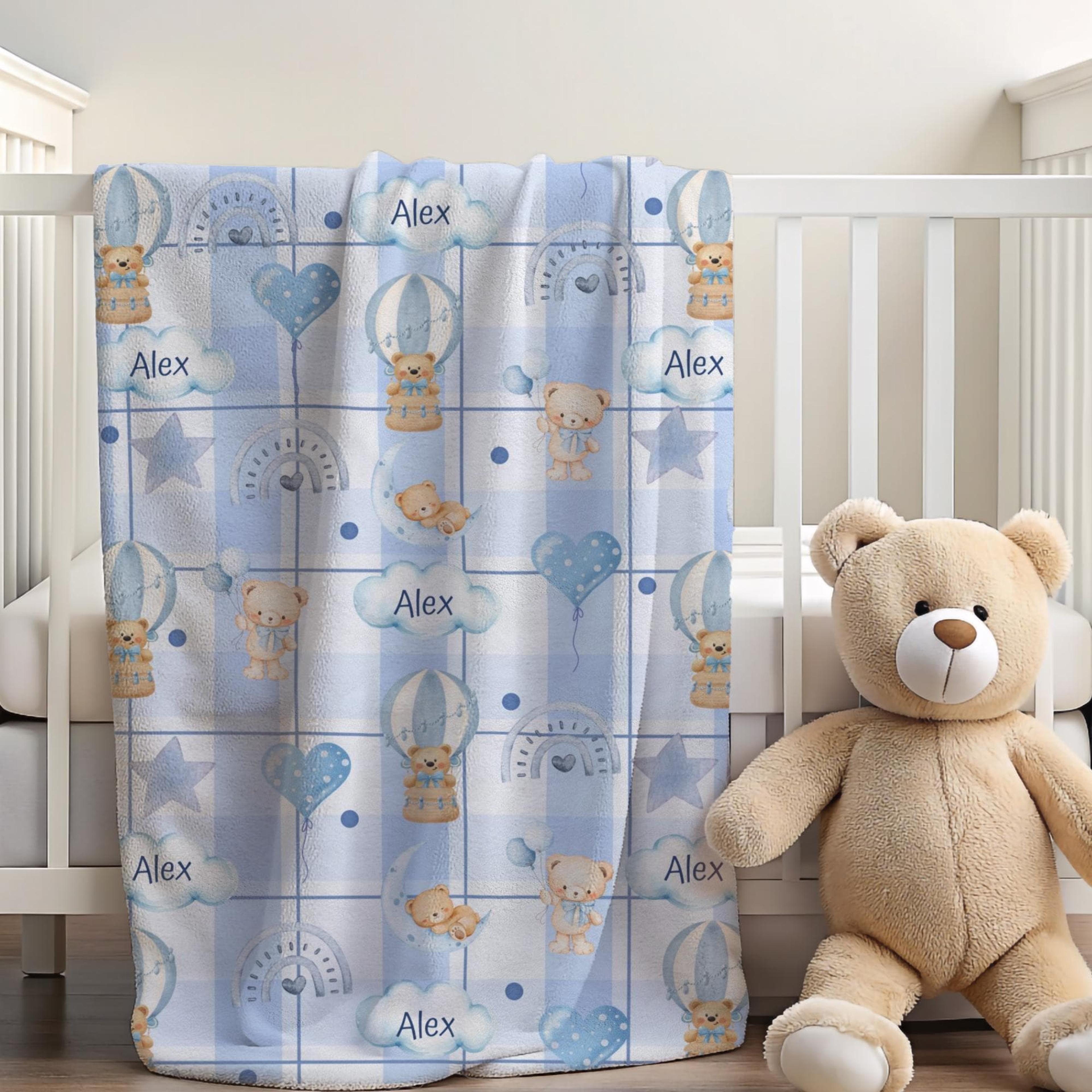 personalized teddy bear hot air balloon blanket, custom name baby plush throw, pink blue nursery decor & baby shower gif