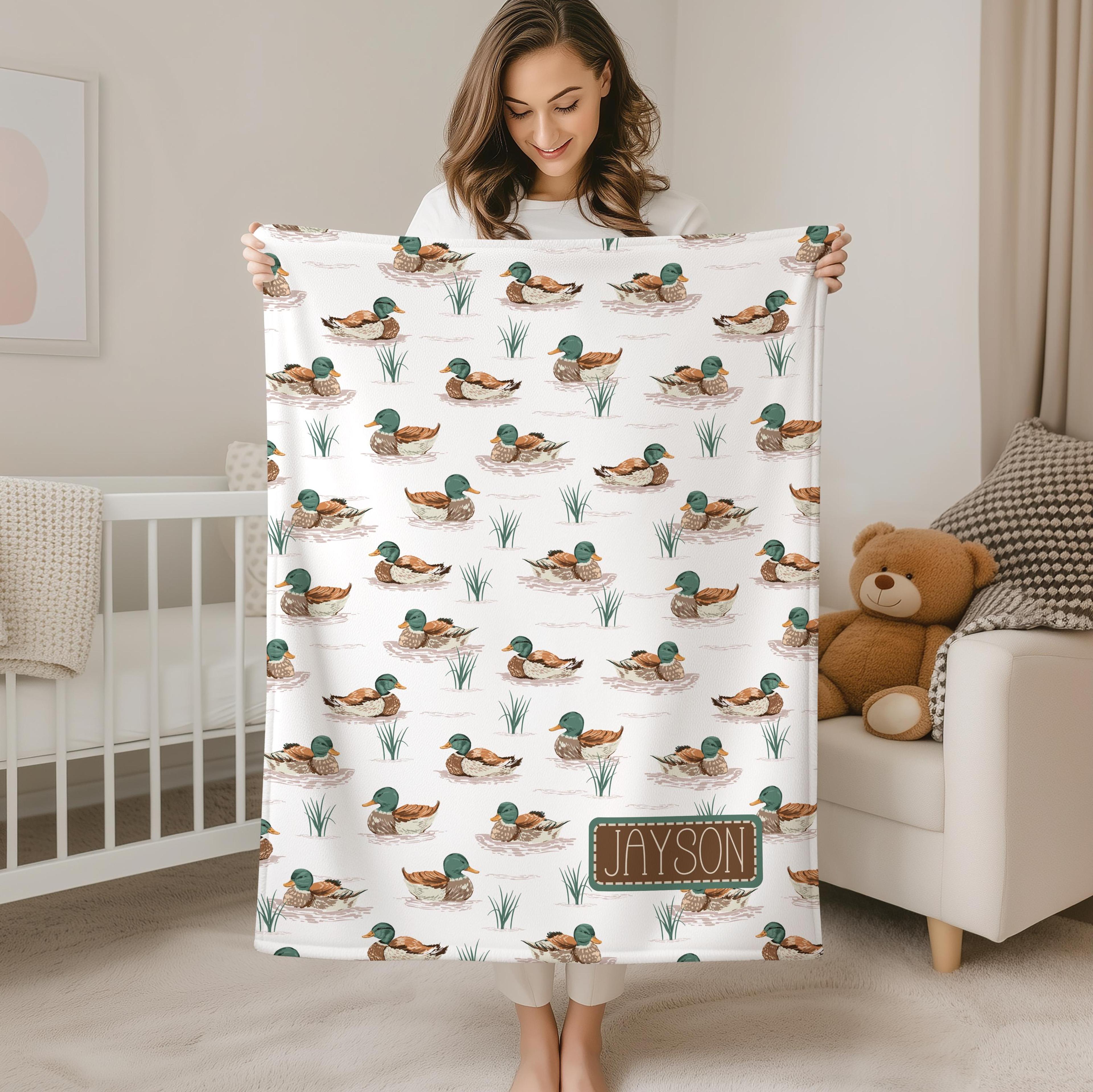 personalized mallard duck sherpa blanket, custom name baby boy hunting nursery decor, baby shower gift, woodland keepsak