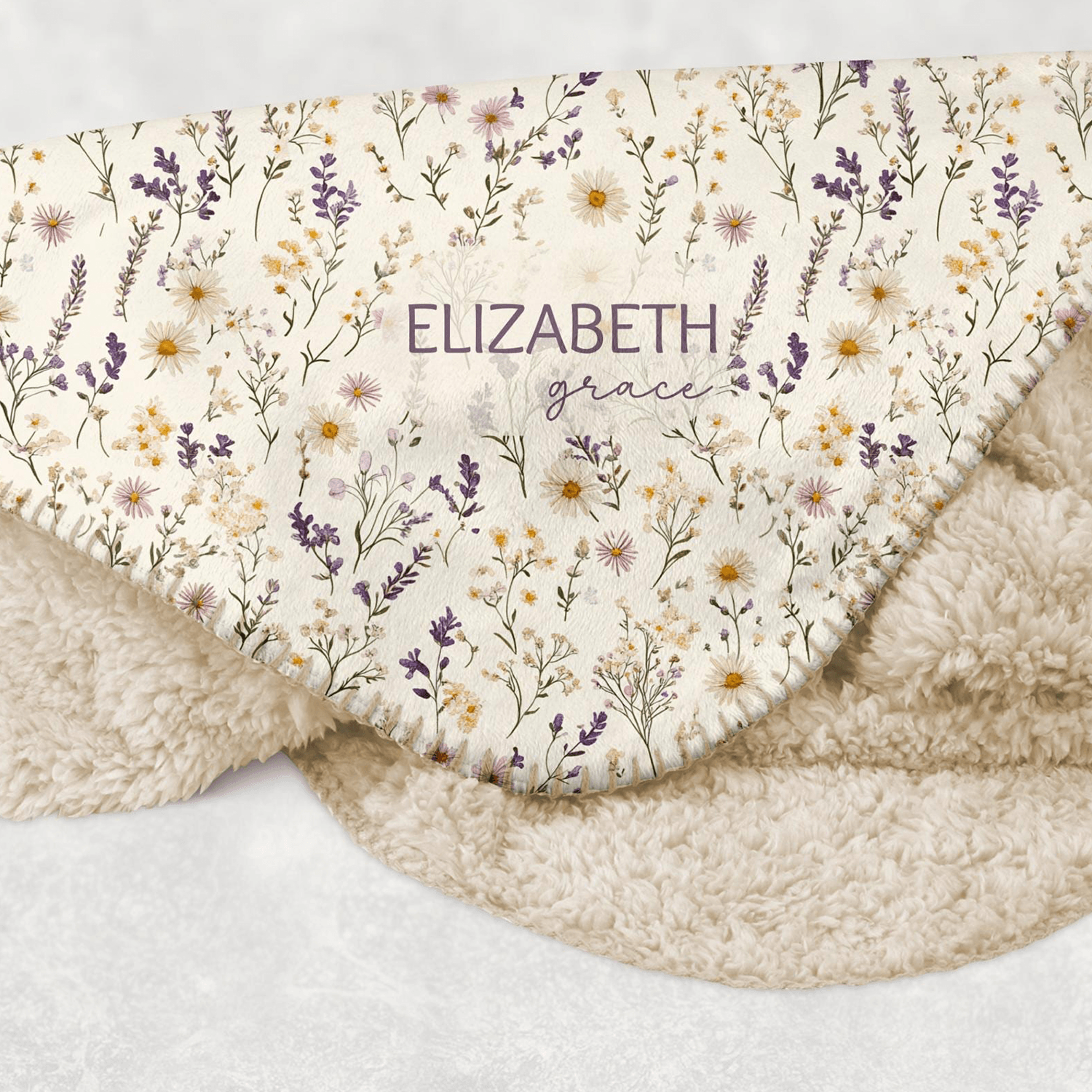 personalized wildflower sherpa blanket, custom name floral baby girl blanket, boho nursery decor, baby shower & newborn