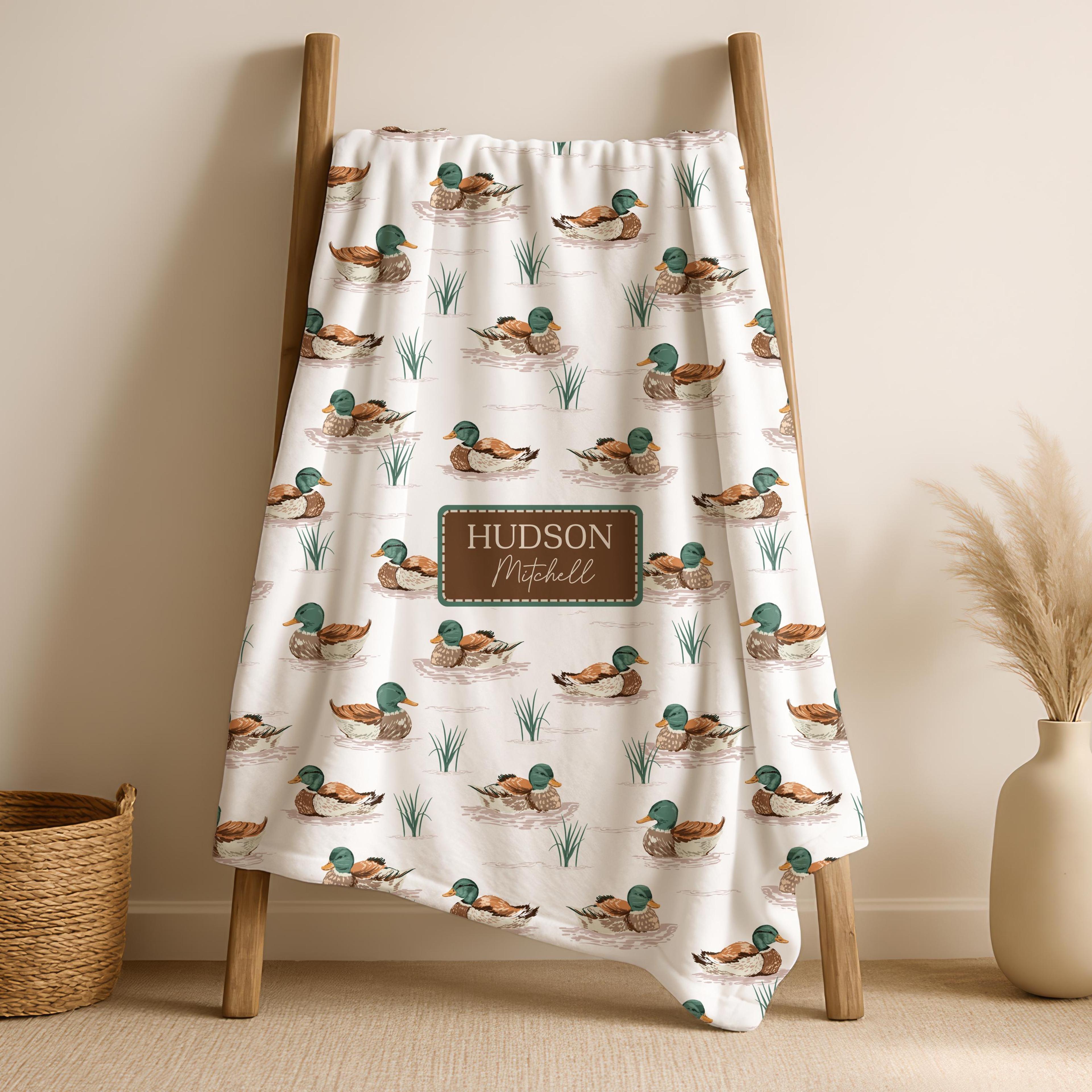personalized mallard duck sherpa blanket, custom name baby boy hunting blanket, woodland nursery decor & baby shower gif