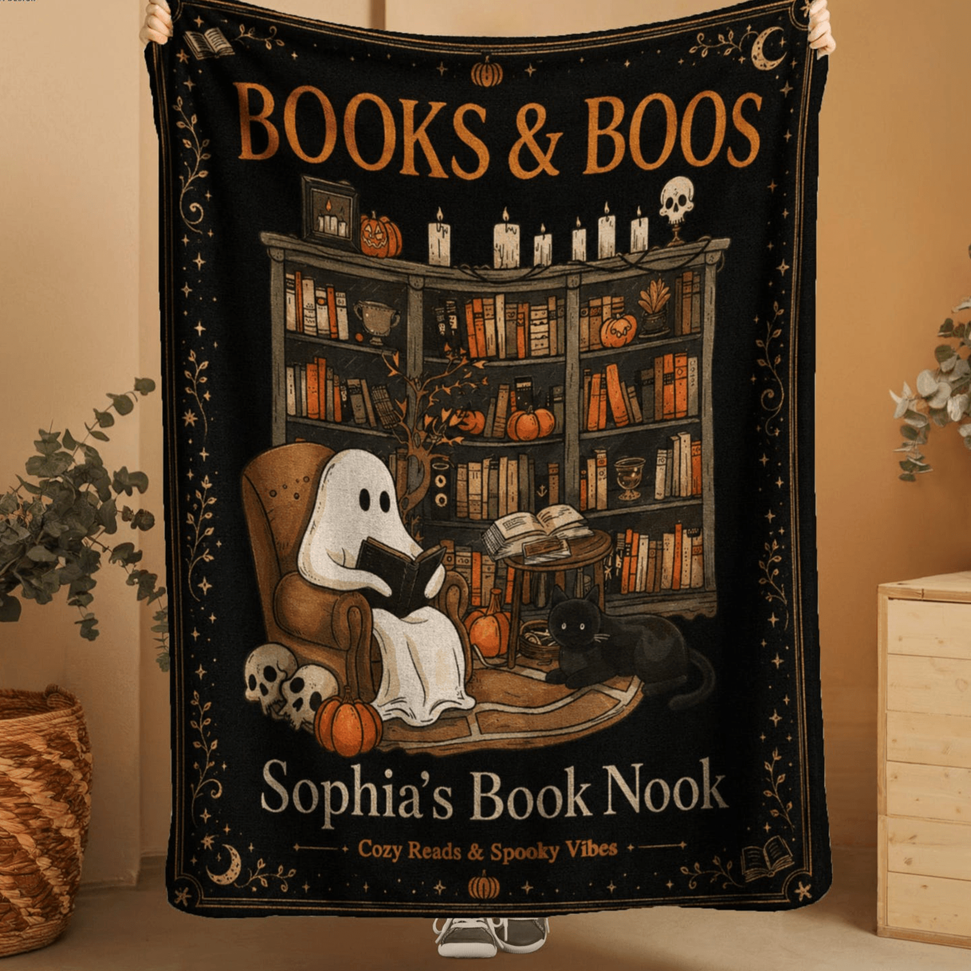 personalized books & boos sherpa blanket, custom name ghost reading blanket, halloween book lover gift, spooky library d