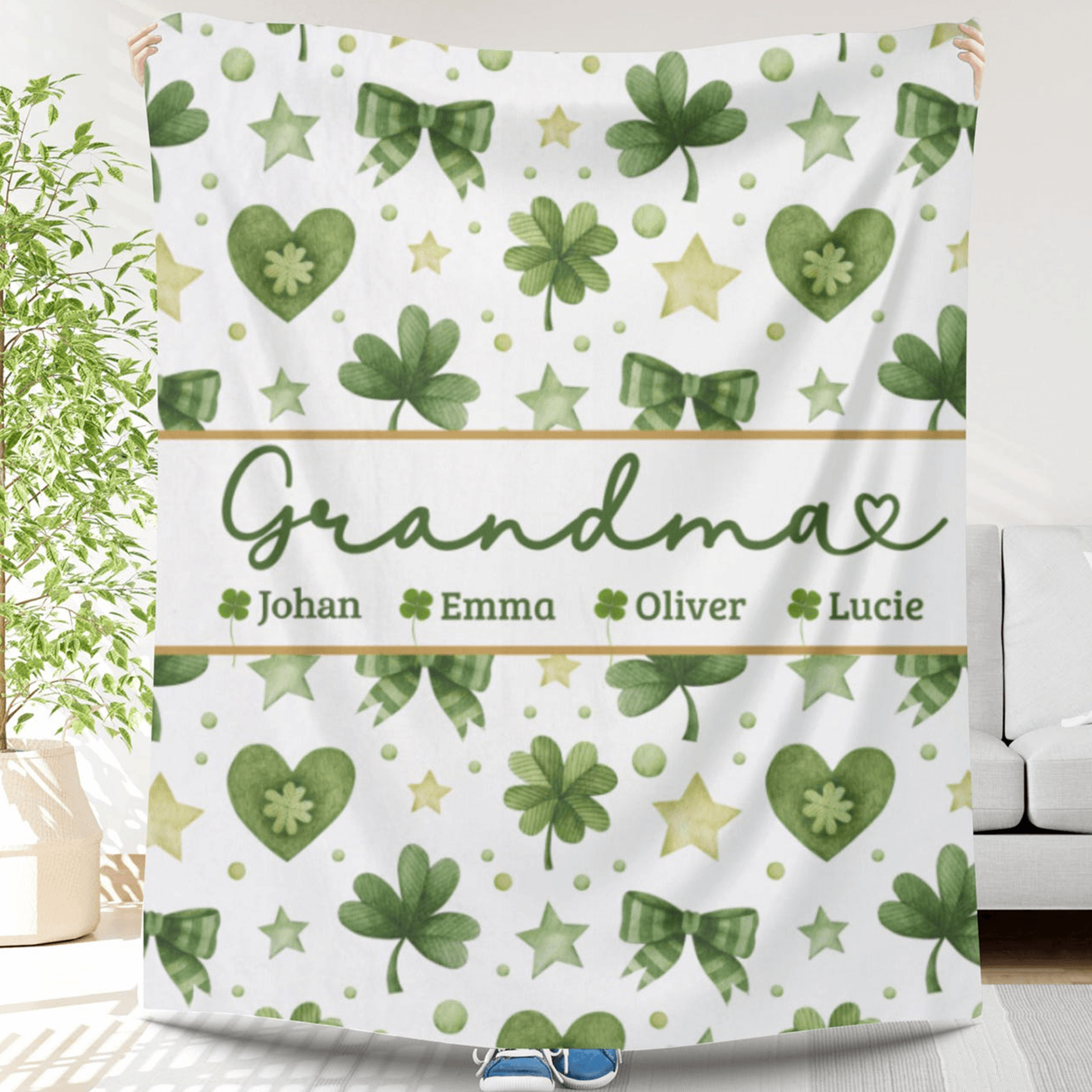 personalized grandma sherpa blanket with grandkids names, lucky clover family keepsake, mother's day birthday gift for n