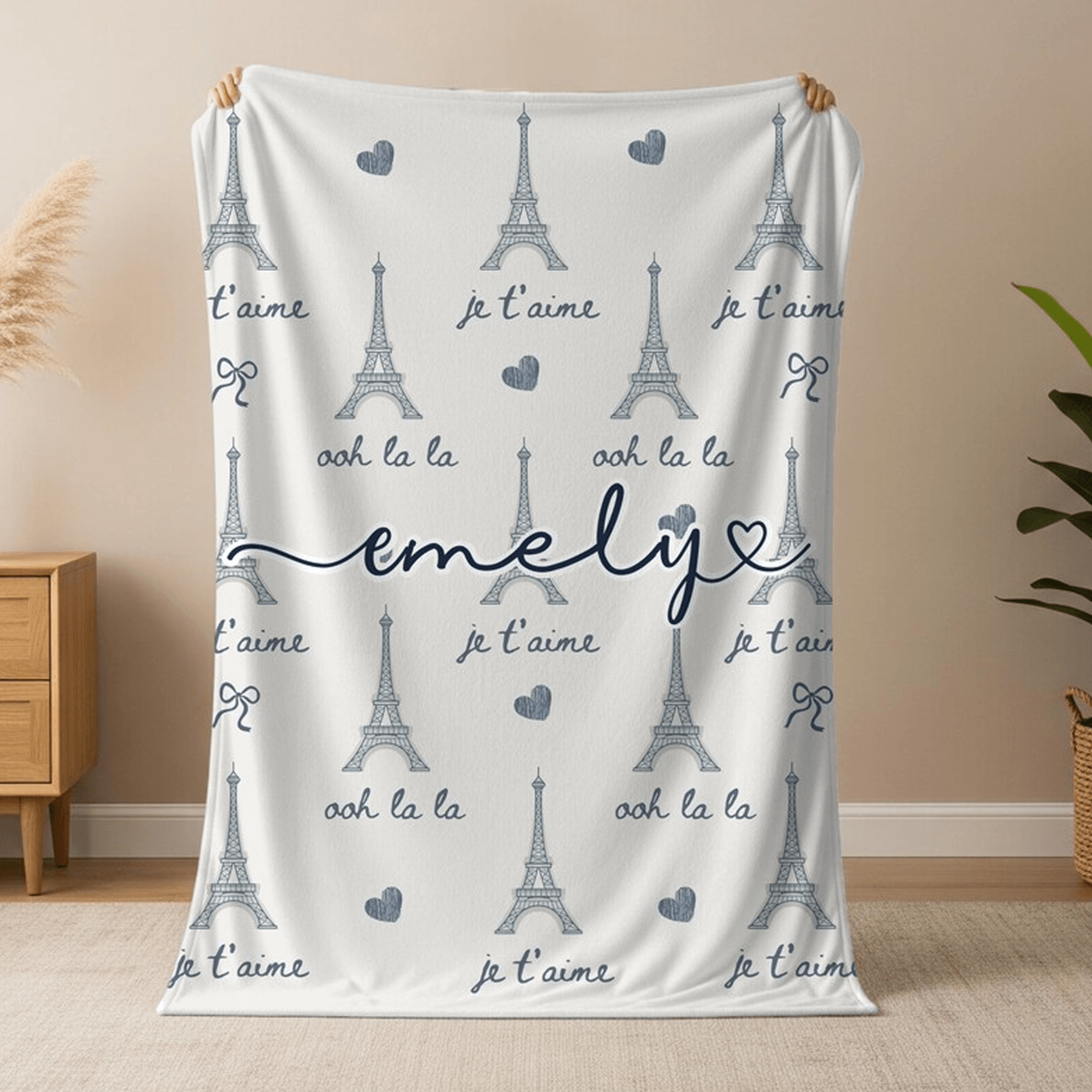 personalized paris coquette sherpa blanket, custom name eiffel tower throw, romantic anniversary valentine gift for her