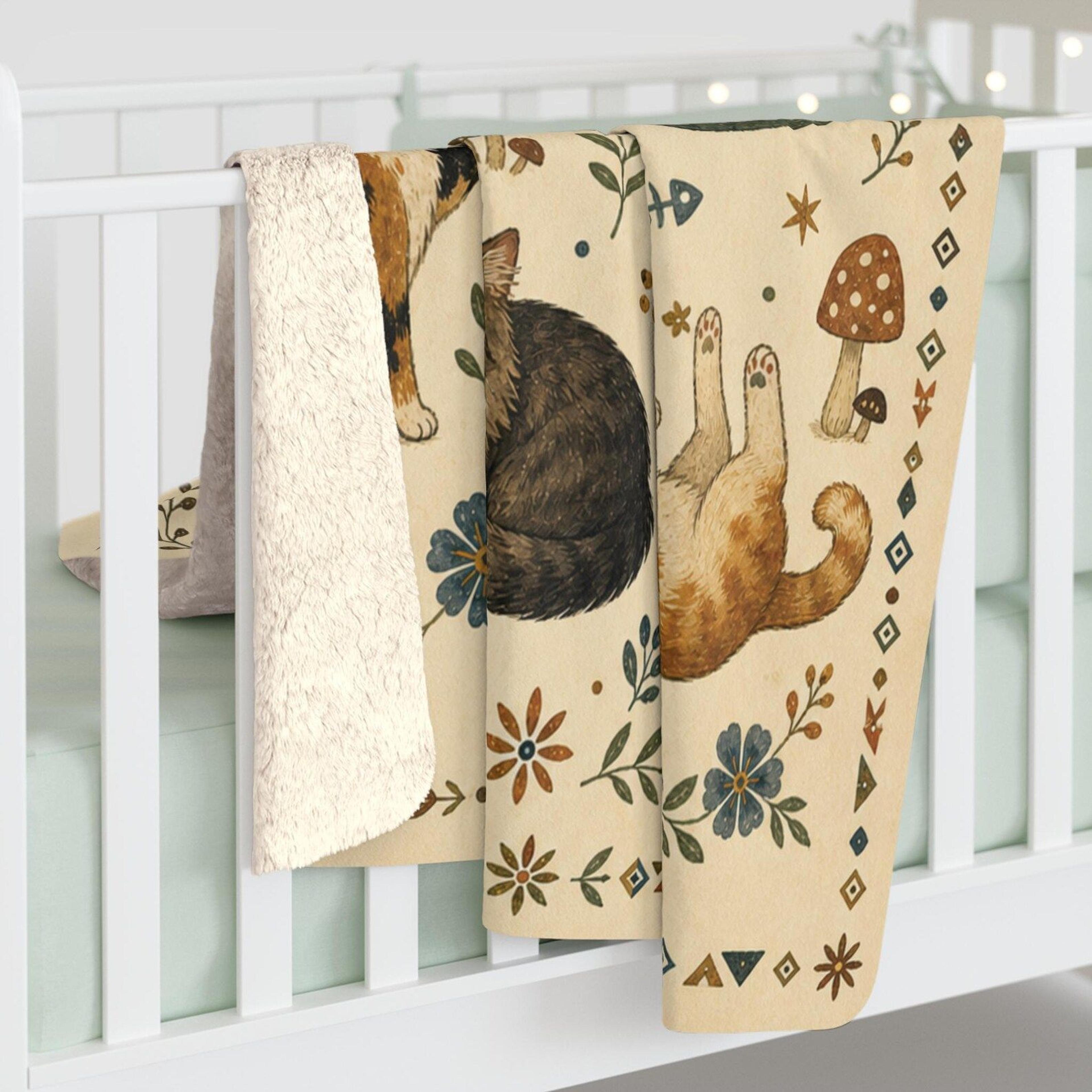 whimsical botanical cat sherpa blanket, folk art floral kitty throw, cottagecore cat lover gift, boho bedroom home decor