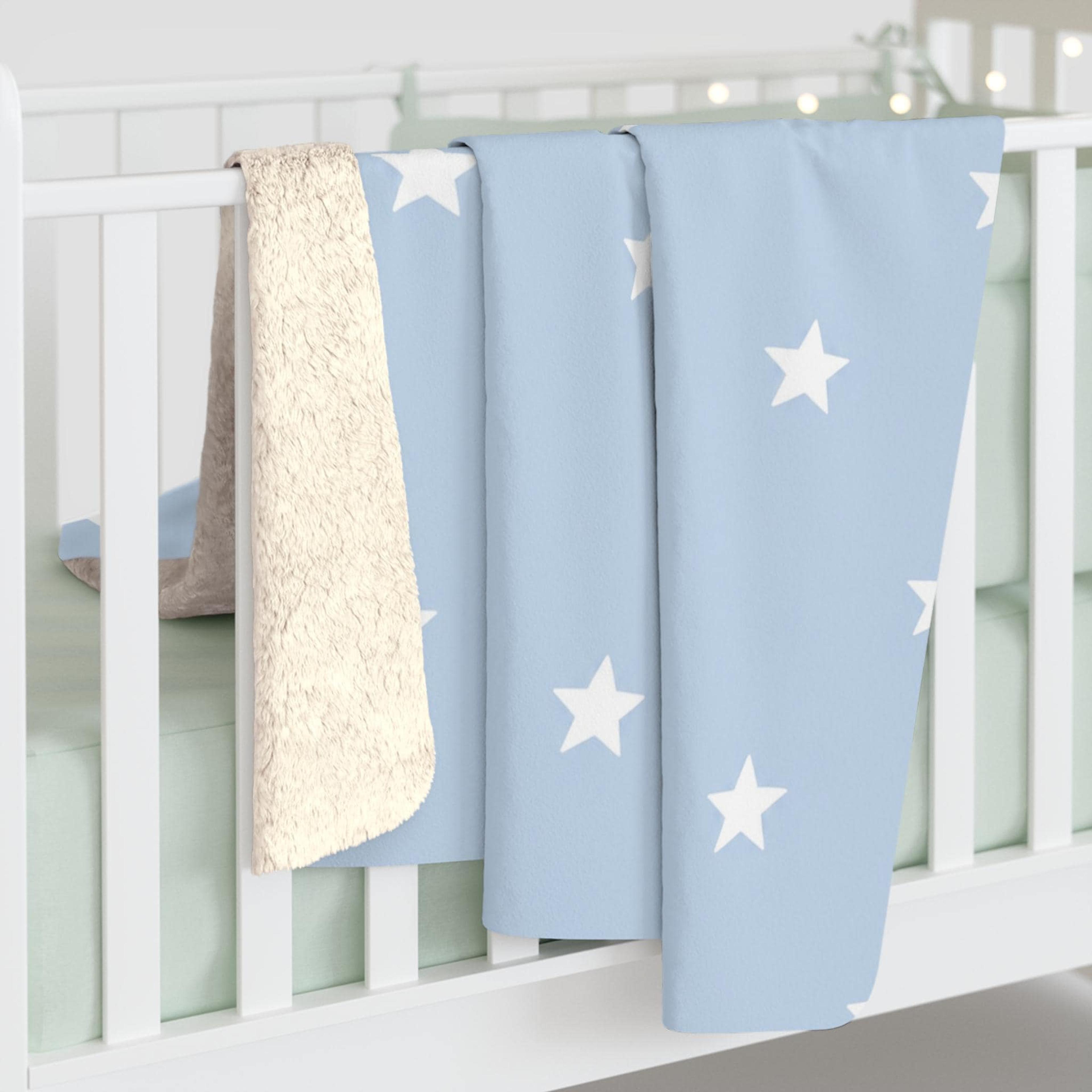 white star sherpa blanket, light blue celestial baby blanket, cozy star nursery decor, newborn baby shower gift for boy