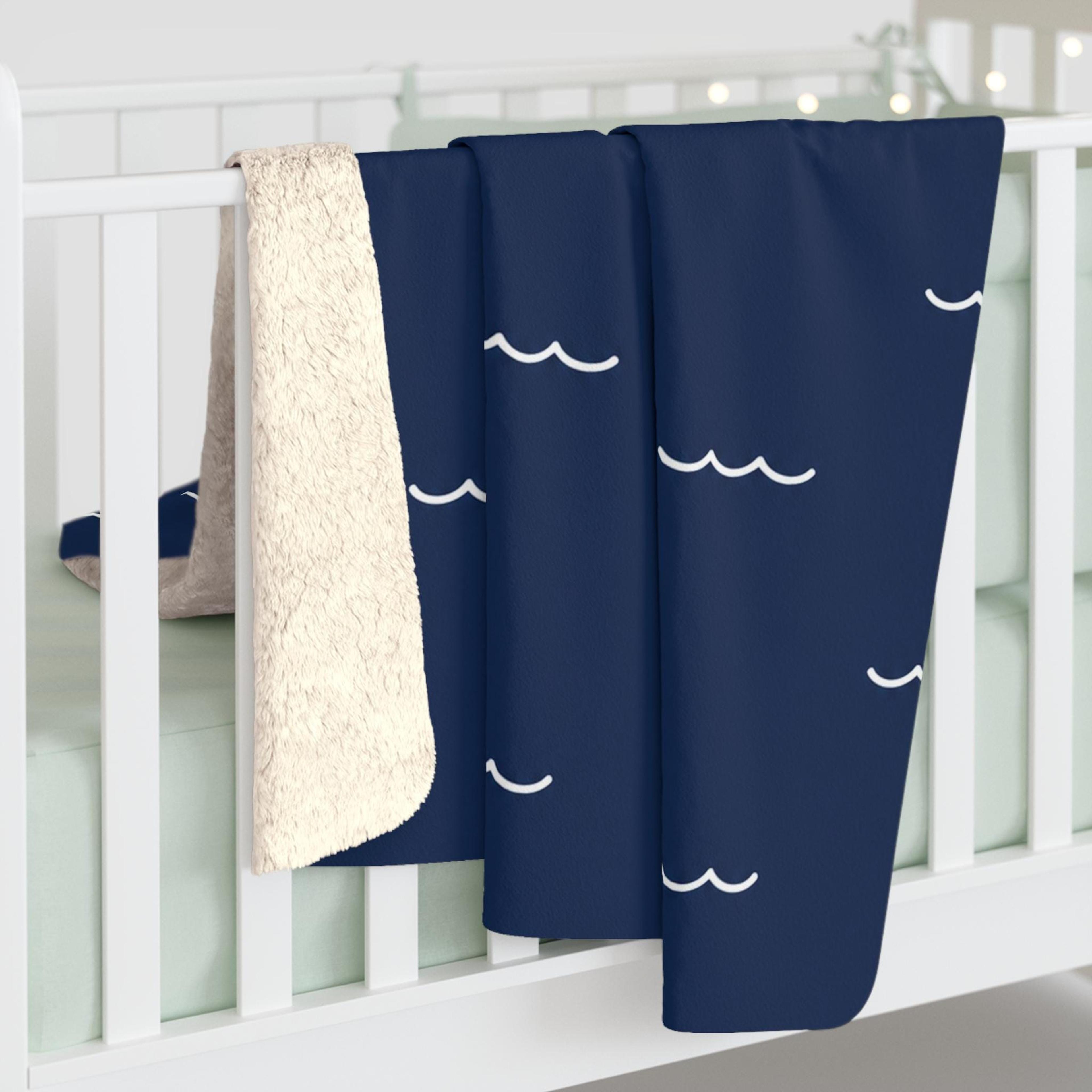navy wave sherpa blanket, ocean inspired coastal throw, nautical beach house decor, cozy gift for sea lovers & surfers