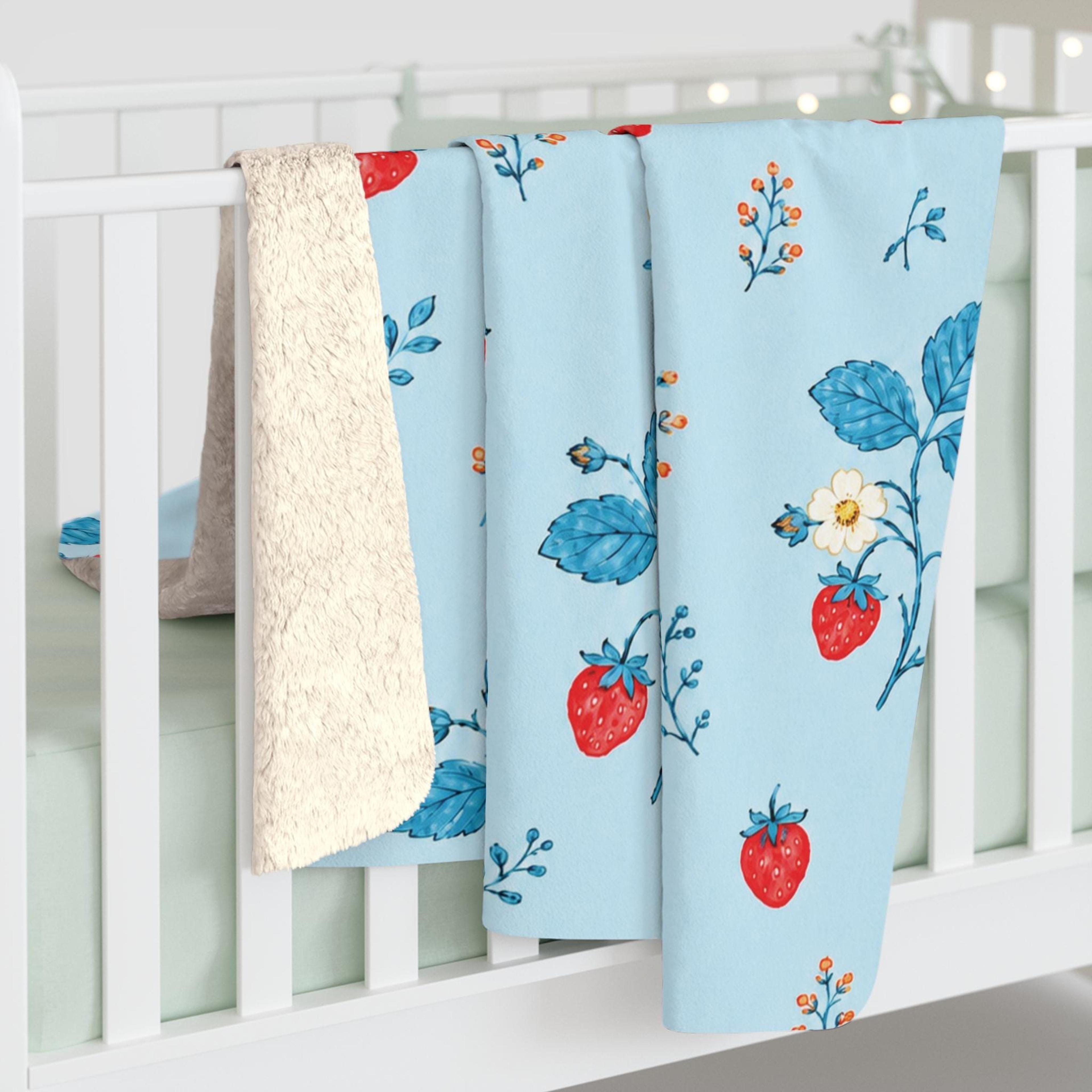 strawberry floral sherpa blanket, blue cottagecore berry design, cozy girls bedroom decor, birthday gift for her