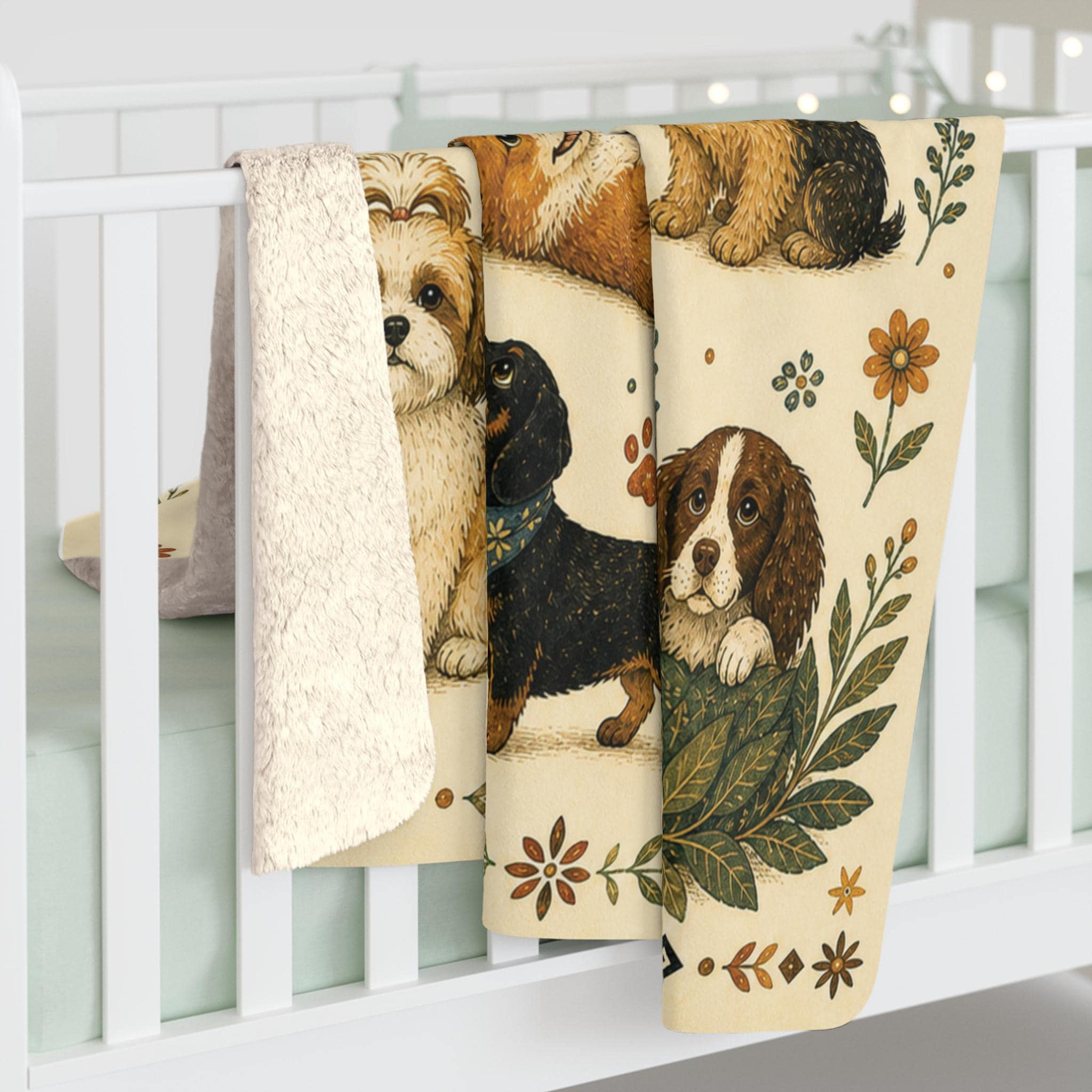 dog puppy pattern sherpa blanket, cute dog illustration throw, floral paw print decor, cozy gift for dog lovers & dog mo
